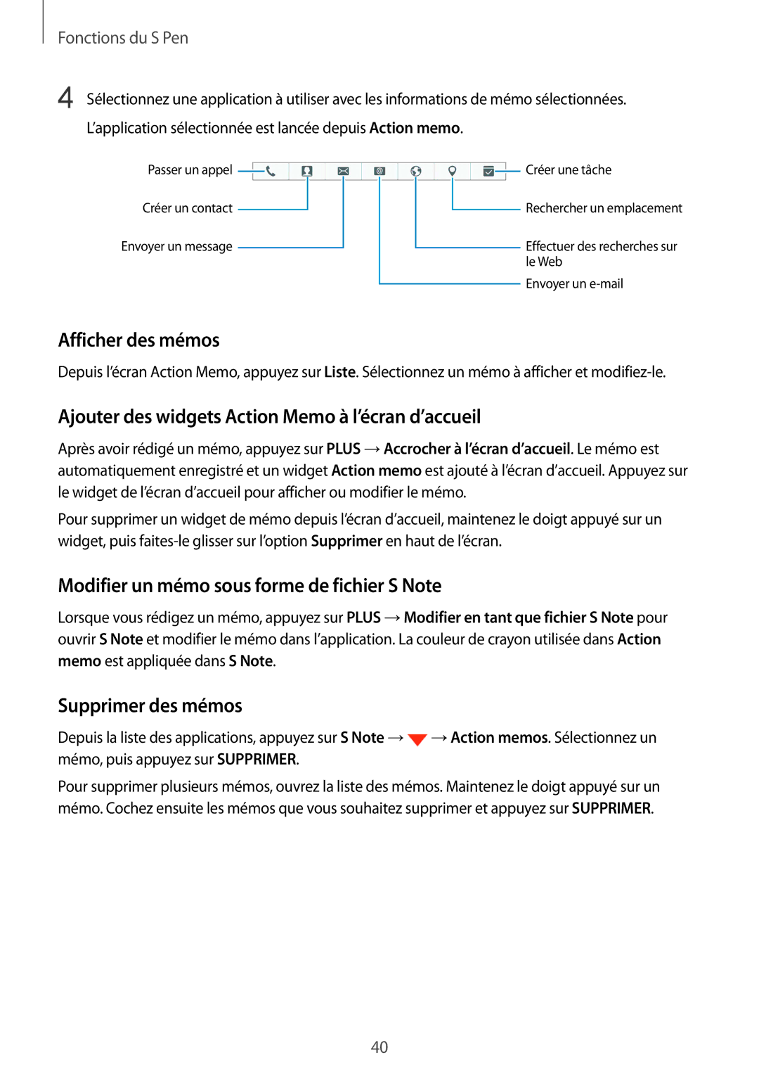 Samsung SM-N910FZIEXEF manual Afficher des mémos, Ajouter des widgets Action Memo à l’écran d’accueil, Supprimer des mémos 