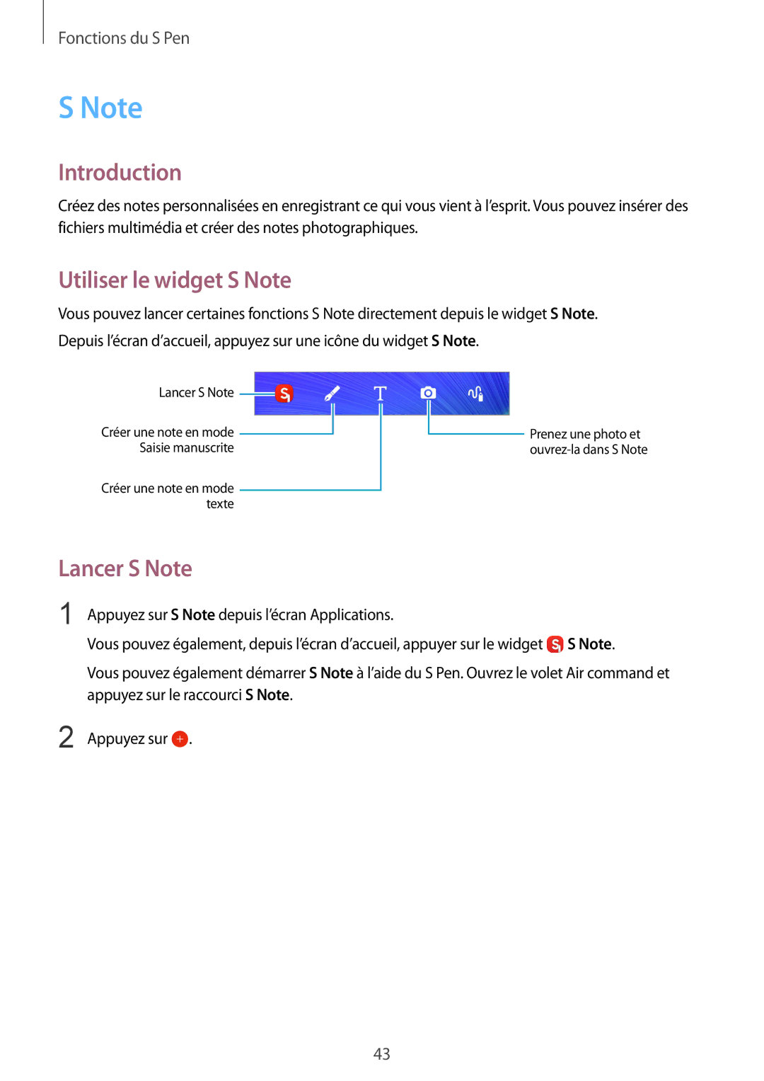 Samsung SM-N910FZIEXEF, SM-N910FZKEXEF, SM-N910FZWEXEF manual Introduction, Utiliser le widget S Note, Lancer S Note 