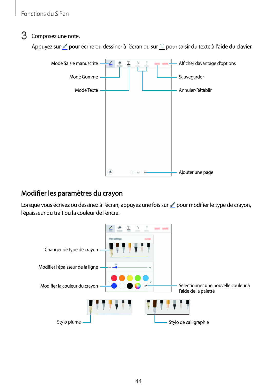 Samsung SM-N910FZWEXEF, SM-N910FZKEXEF, SM-N910FZIEXEF manual Modifier les paramètres du crayon, Composez une note 