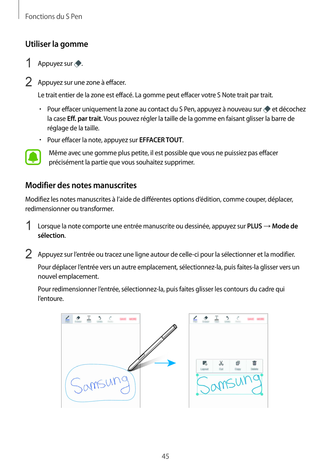 Samsung SM-N910FZKEXEF, SM-N910FZIEXEF, SM-N910FZWEXEF manual Utiliser la gomme, Modifier des notes manuscrites 