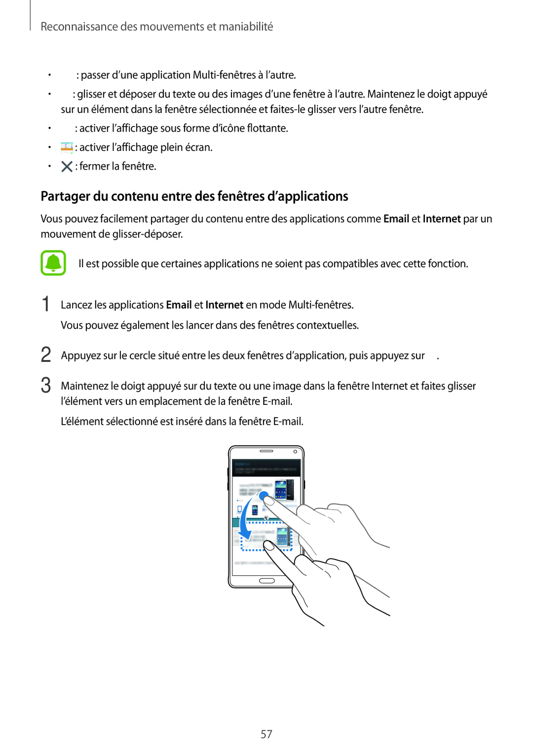 Samsung SM-N910FZKEXEF, SM-N910FZIEXEF, SM-N910FZWEXEF manual Partager du contenu entre des fenêtres d’applications 