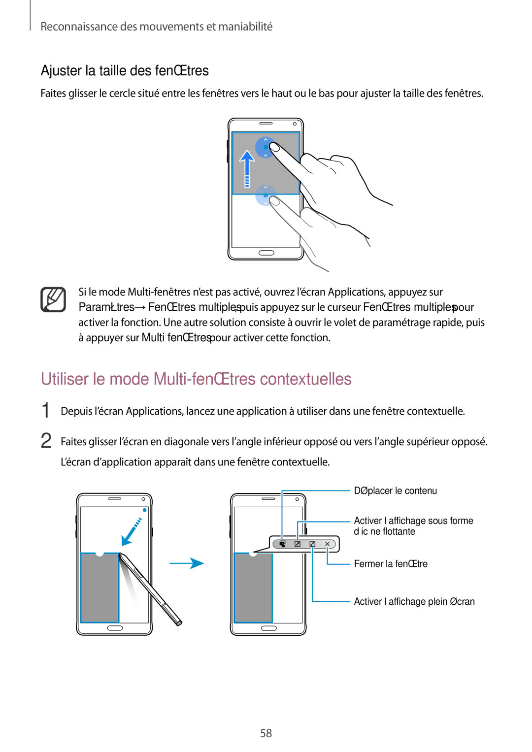 Samsung SM-N910FZIEXEF, SM-N910FZKEXEF manual Utiliser le mode Multi-fenêtres contextuelles, Ajuster la taille des fenêtres 