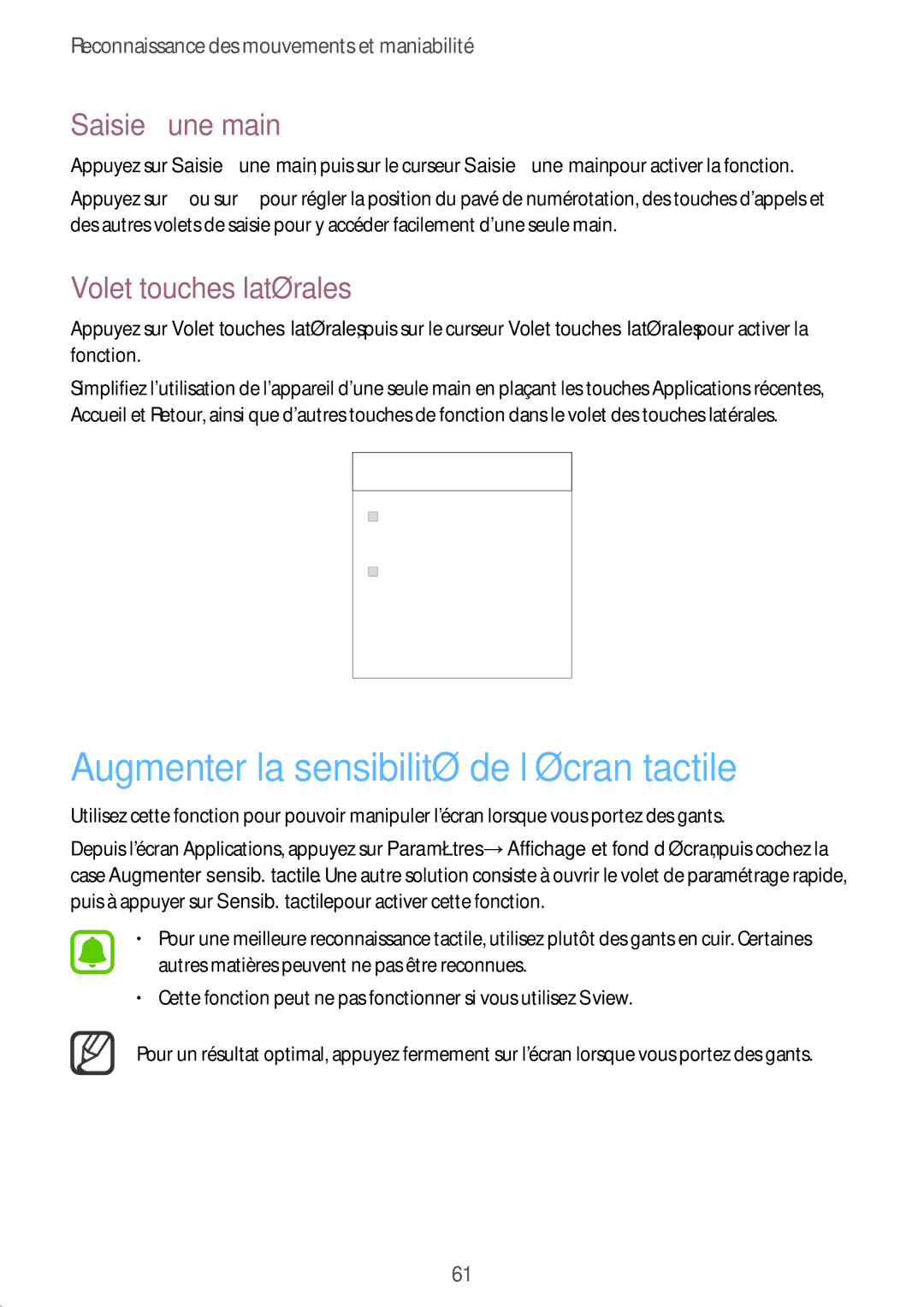 Samsung SM-N910FZIEXEF manual Augmenter la sensibilité de l’écran tactile, Saisie à une main, Volet touches latérales 