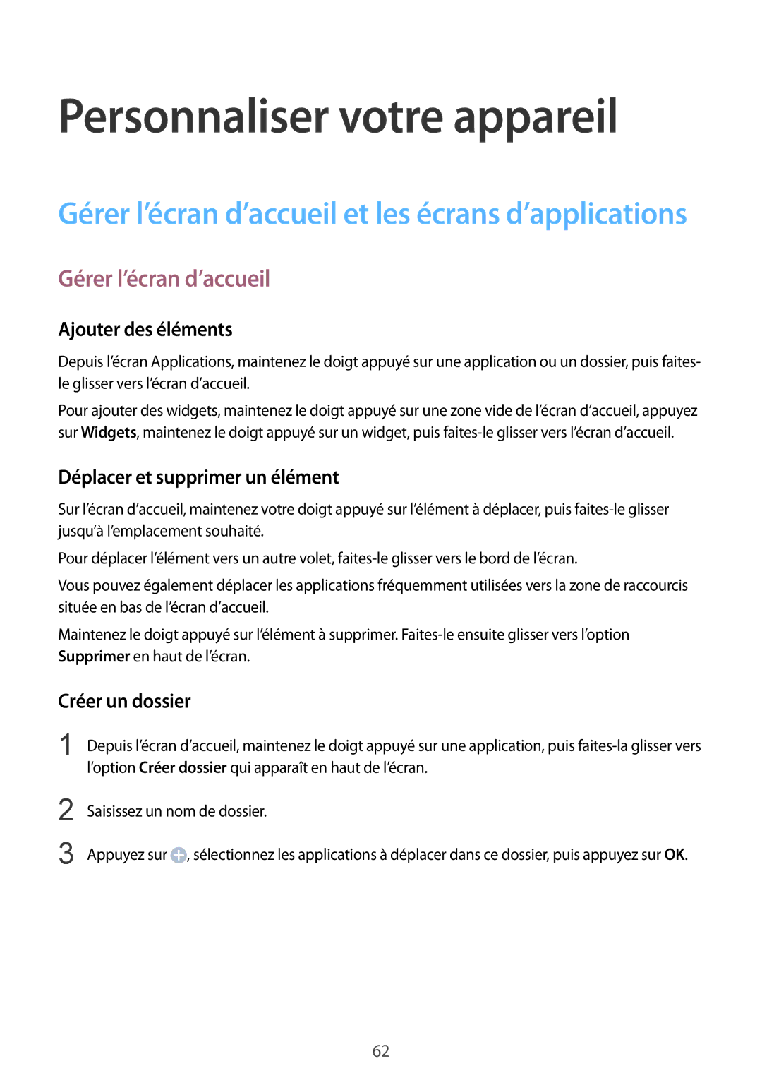 Samsung SM-N910FZWEXEF manual Personnaliser votre appareil, Gérer l’écran d’accueil, Ajouter des éléments, Créer un dossier 