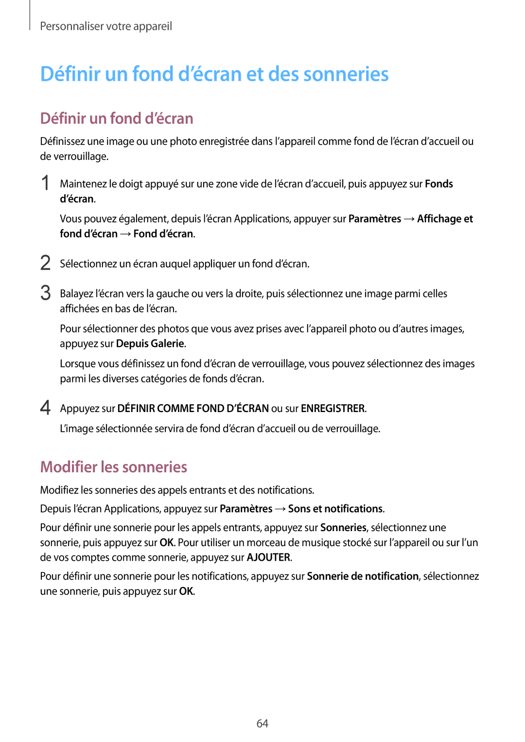 Samsung SM-N910FZIEXEF, SM-N910FZKEXEF, SM-N910FZWEXEF Définir un fond d’écran et des sonneries, Modifier les sonneries 