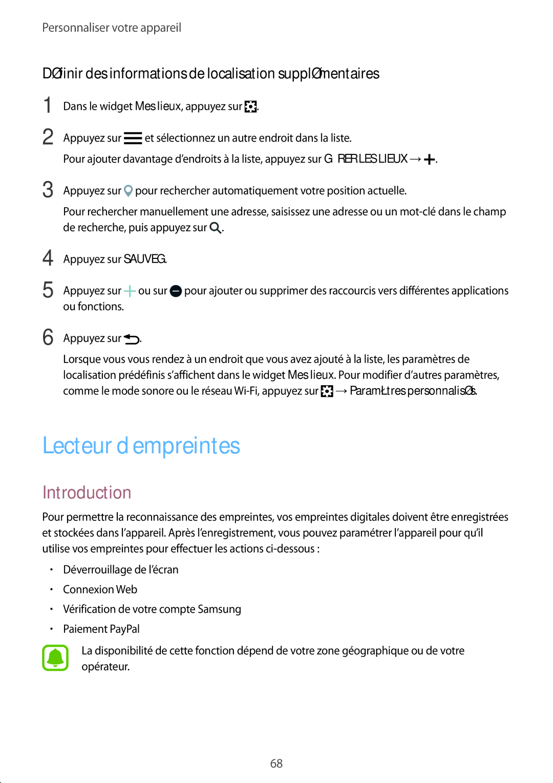 Samsung SM-N910FZWEXEF, SM-N910FZKEXEF manual Lecteur d’empreintes, Définir des informations de localisation supplémentaires 