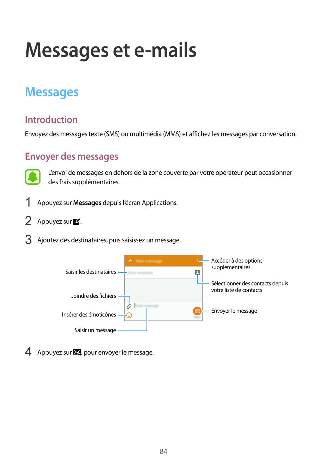 Samsung SM-N910FZKEXEF, SM-N910FZIEXEF, SM-N910FZWEXEF manual Messages et e-mails, Envoyer des messages 