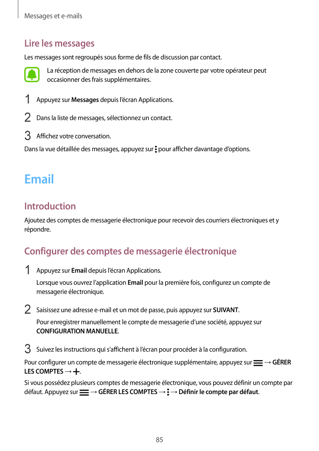 Samsung SM-N910FZIEXEF, SM-N910FZKEXEF, SM-N910FZWEXEF Lire les messages, Configurer des comptes de messagerie électronique 