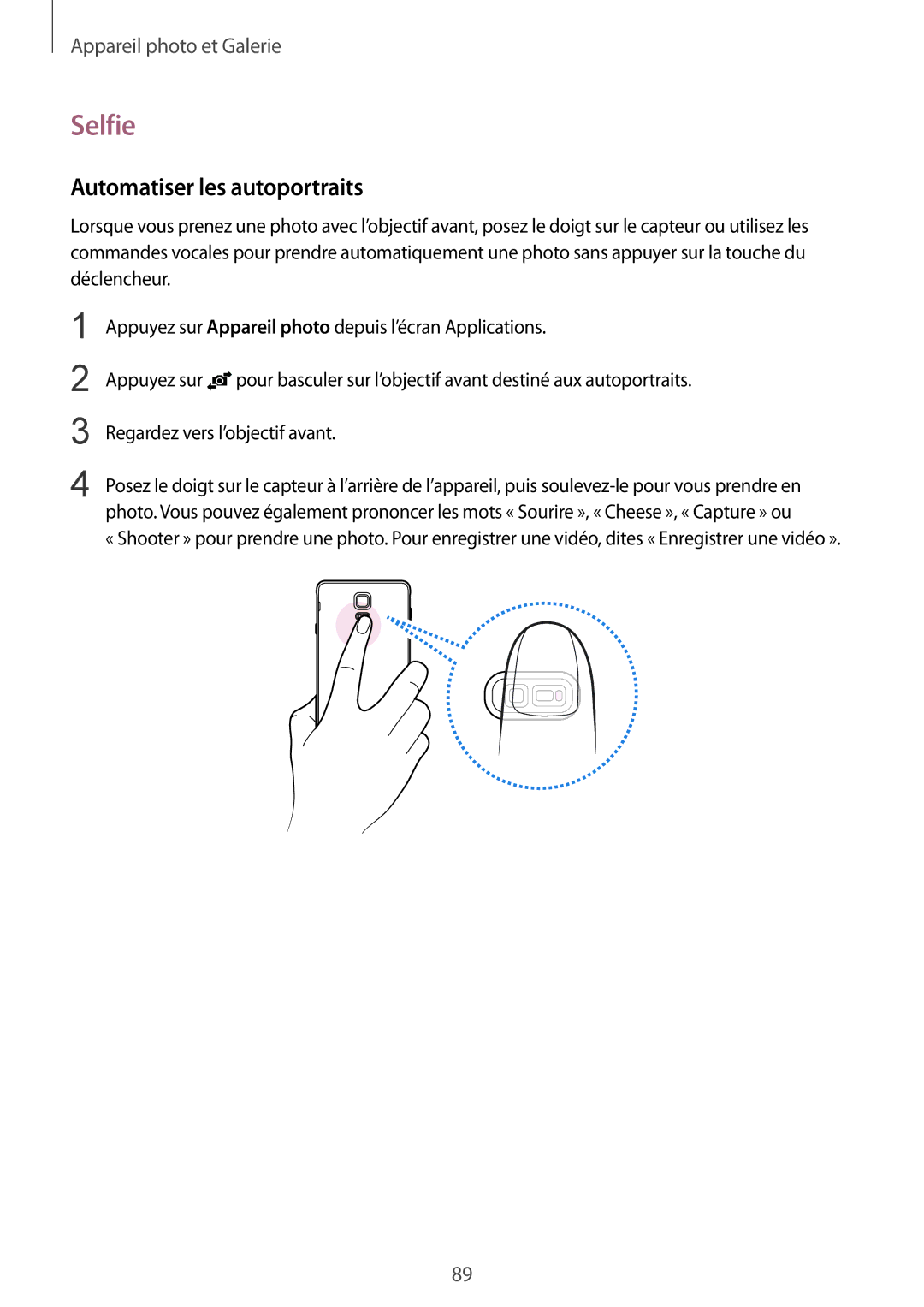 Samsung SM-N910FZWEXEF, SM-N910FZKEXEF, SM-N910FZIEXEF manual Selfie, Automatiser les autoportraits 