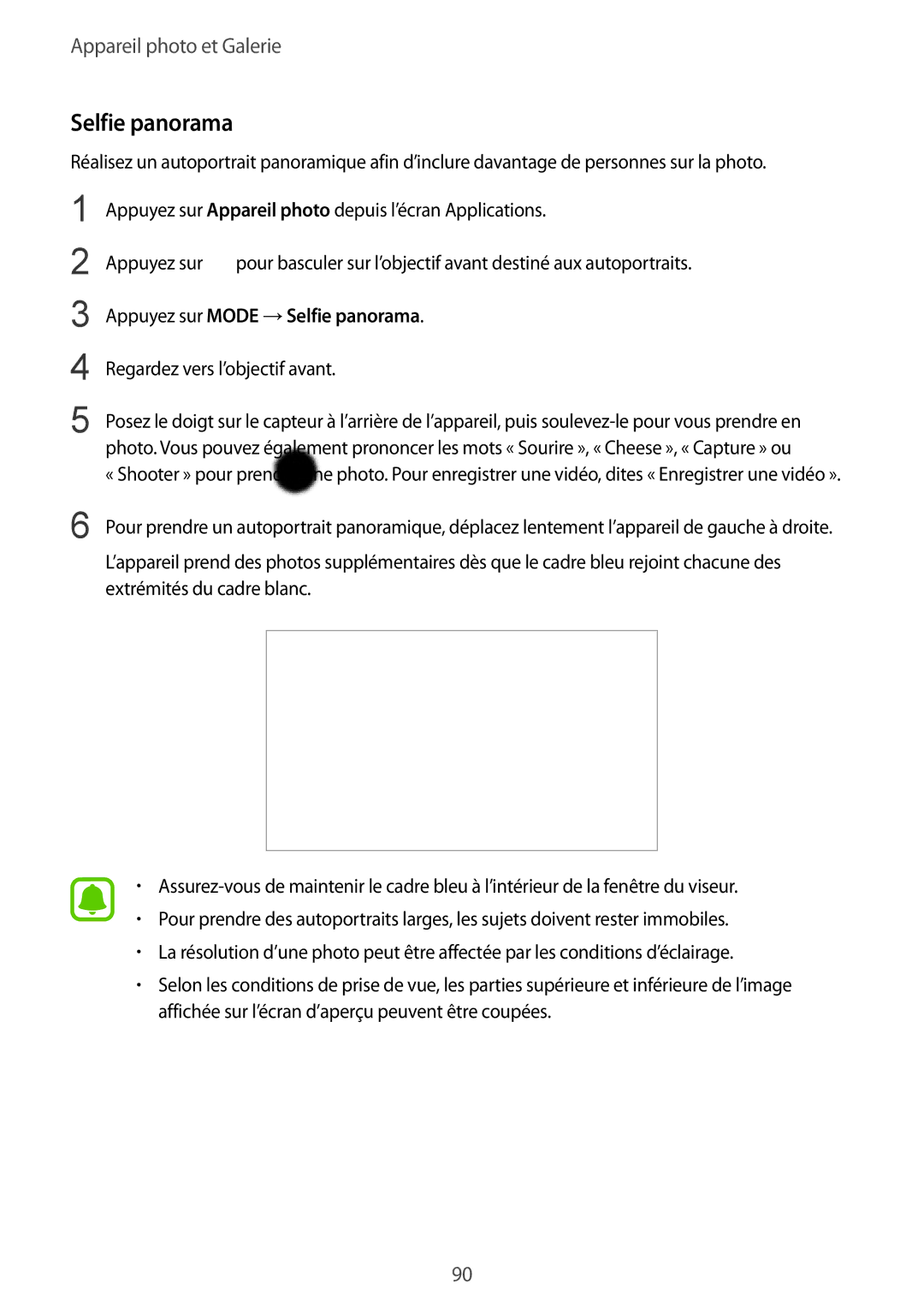 Samsung SM-N910FZKEXEF, SM-N910FZIEXEF, SM-N910FZWEXEF manual Appuyez sur Mode →Selfie panorama 