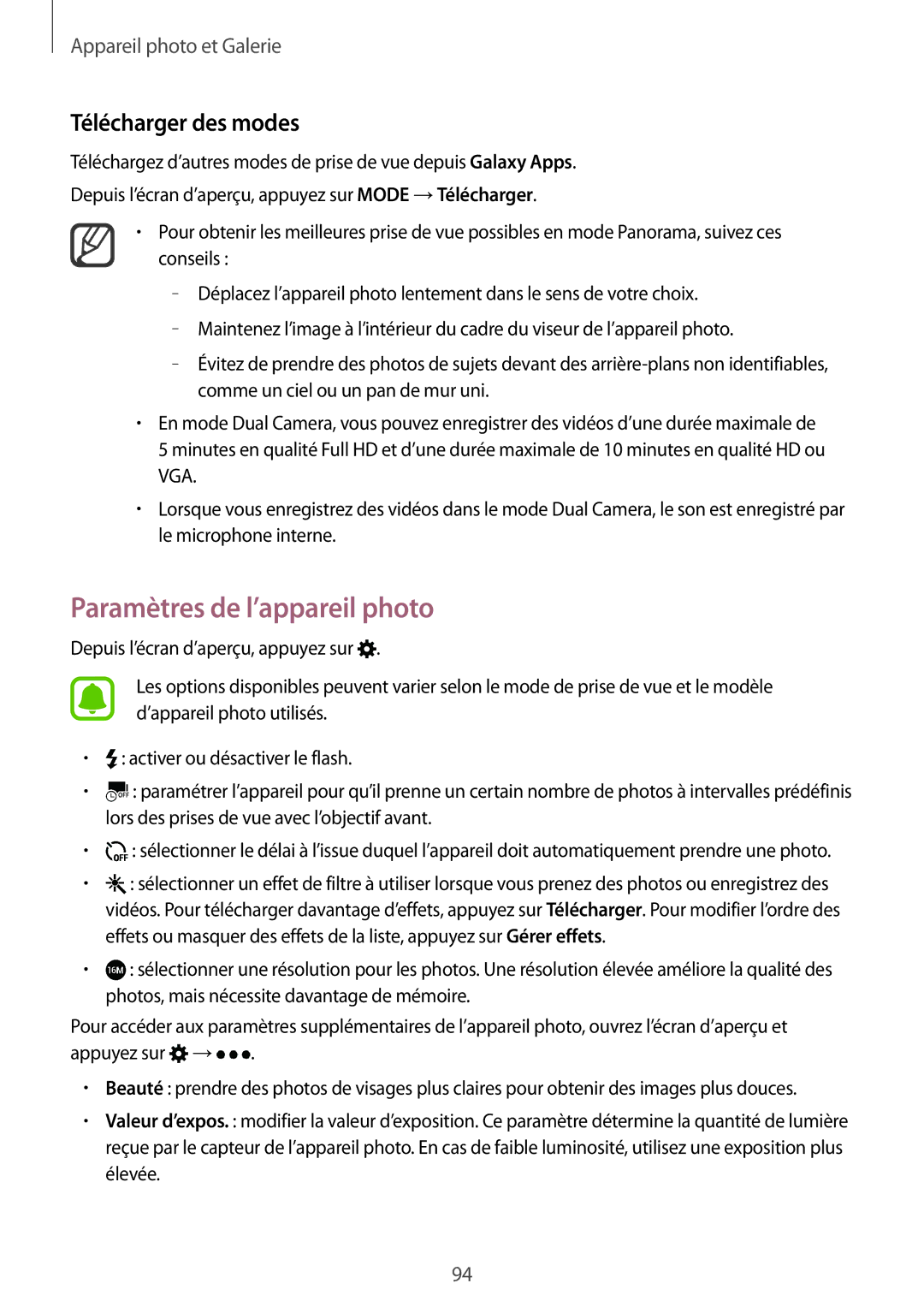 Samsung SM-N910FZIEXEF, SM-N910FZKEXEF, SM-N910FZWEXEF manual Paramètres de l’appareil photo, Télécharger des modes 