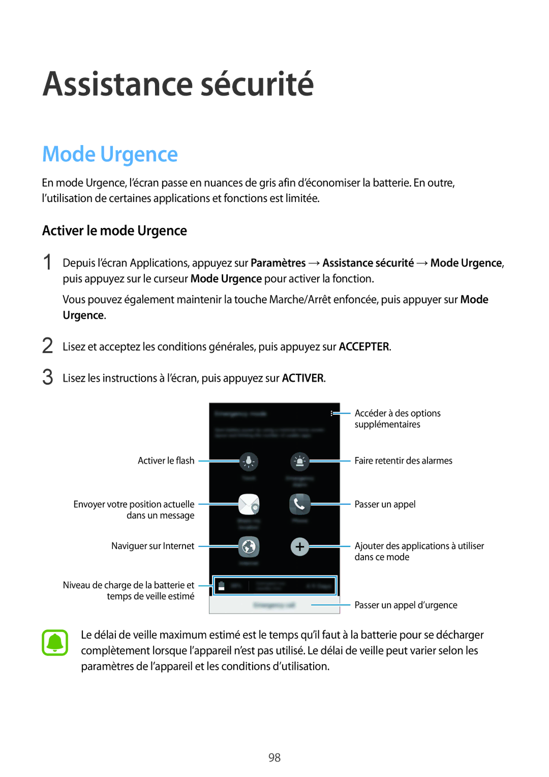 Samsung SM-N910FZWEXEF, SM-N910FZKEXEF, SM-N910FZIEXEF manual Assistance sécurité, Mode Urgence, Activer le mode Urgence 