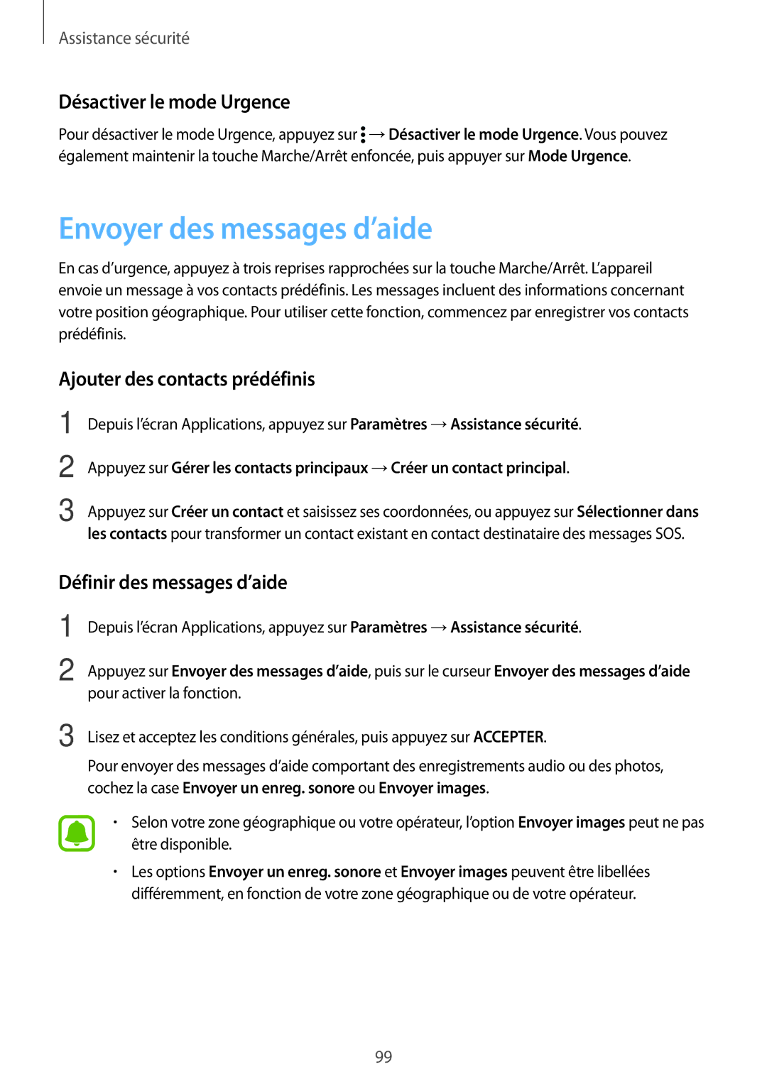 Samsung SM-N910FZKEXEF manual Envoyer des messages d’aide, Désactiver le mode Urgence, Ajouter des contacts prédéfinis 