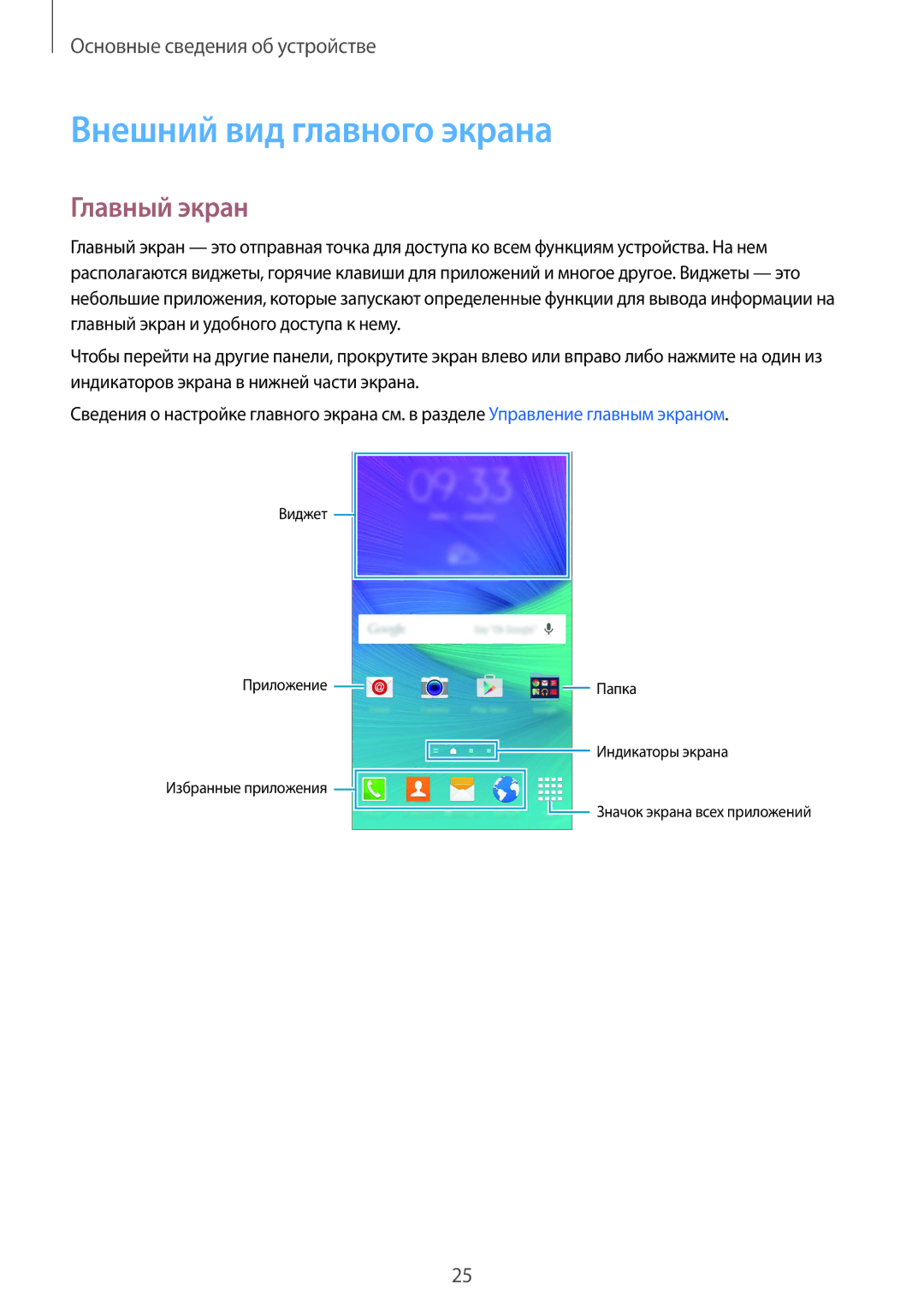 Samsung SM-N910CZWESER, SM-N910FZWEBAL, SM-N910FZIEBAL, SM-N910FZDEBAL manual Внешний вид главного экрана, Главный экран 