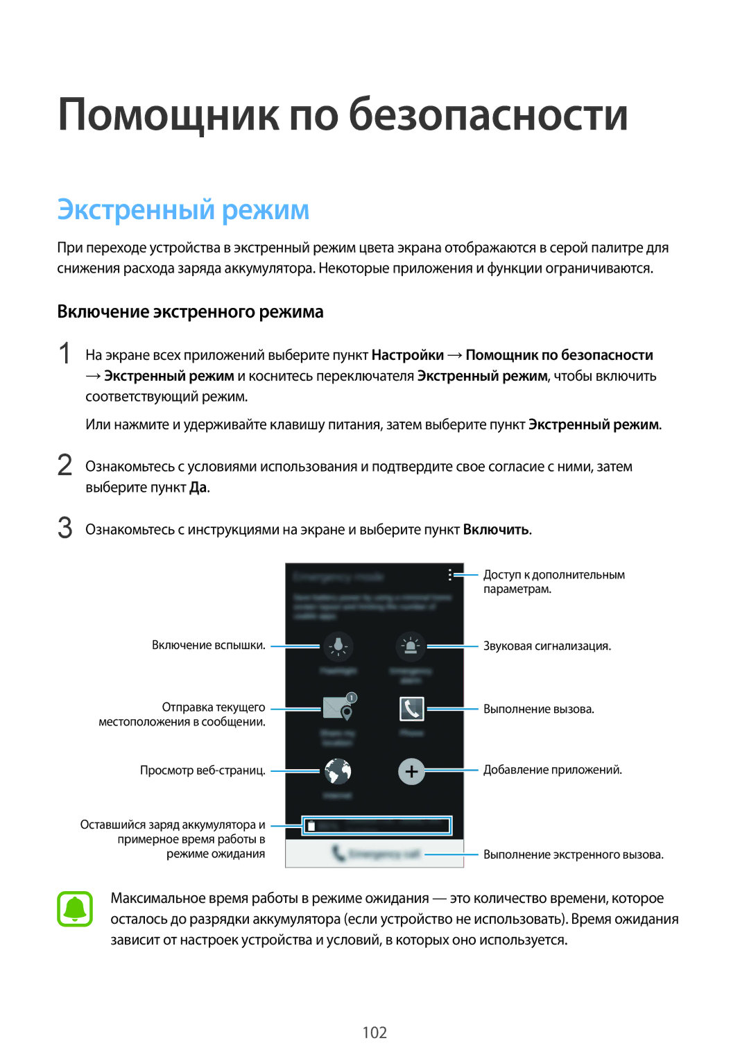 Samsung CG-N910HZKPEST, SM-N910FZWEBAL, SM-N910FZIEBAL, SM-N910FZDEBAL manual Экстренный режим, Включение экстренного режима 