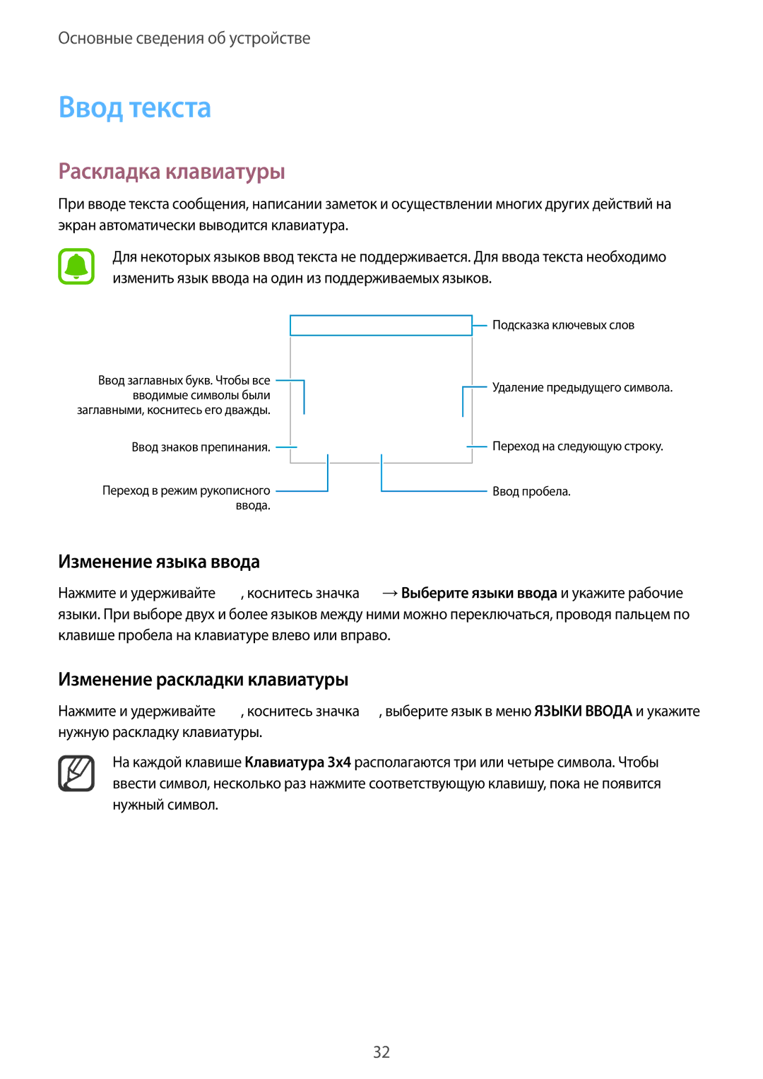 Samsung CG-N910HZKPEST manual Ввод текста, Раскладка клавиатуры, Изменение языка ввода, Изменение раскладки клавиатуры 