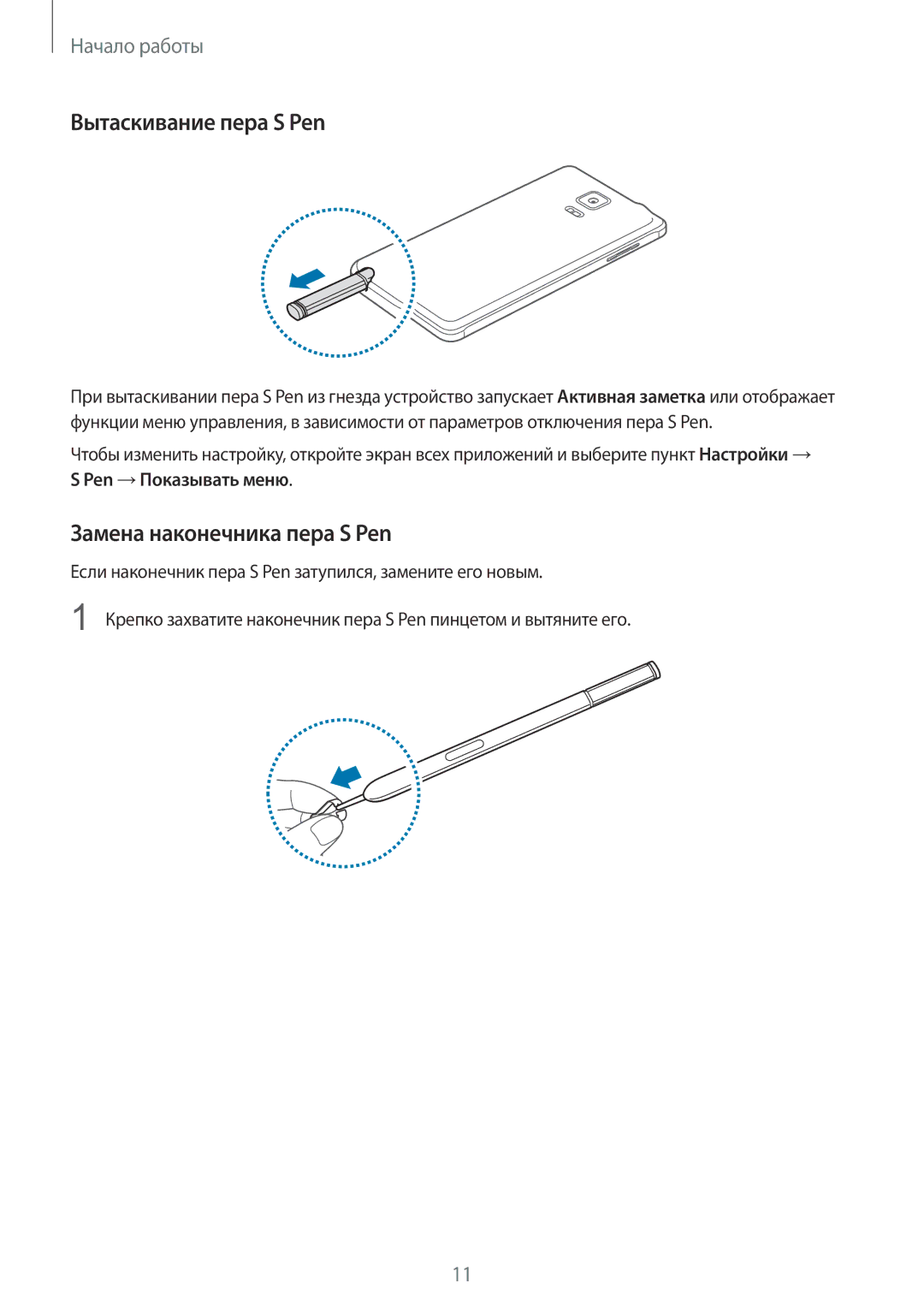 Samsung SM-N910CZWESER, SM-N910FZWEBAL, SM-N910FZIEBAL manual Вытаскивание пера S Pen, Замена наконечника пера S Pen 