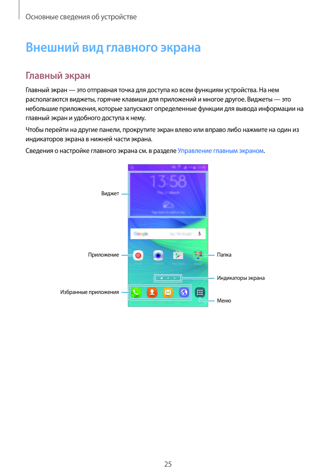 Samsung SM-N910CZWESER, SM-N910FZWEBAL, SM-N910FZIEBAL, SM-N910FZDEBAL manual Внешний вид главного экрана, Главный экран 