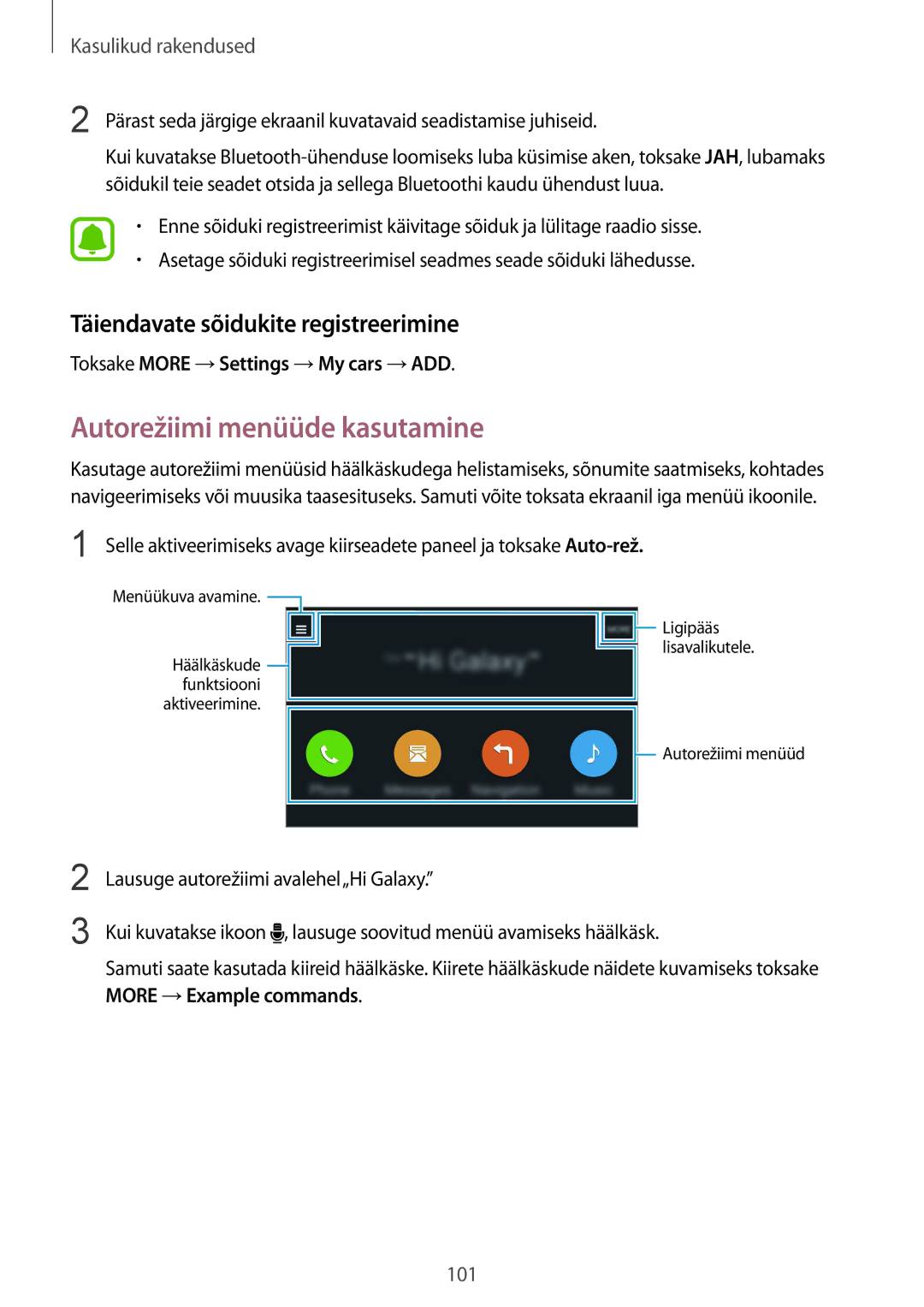 Samsung SM-N910FZKEBAL, SM-N910FZWEBAL manual Autorežiimi menüüde kasutamine, Täiendavate sõidukite registreerimine 