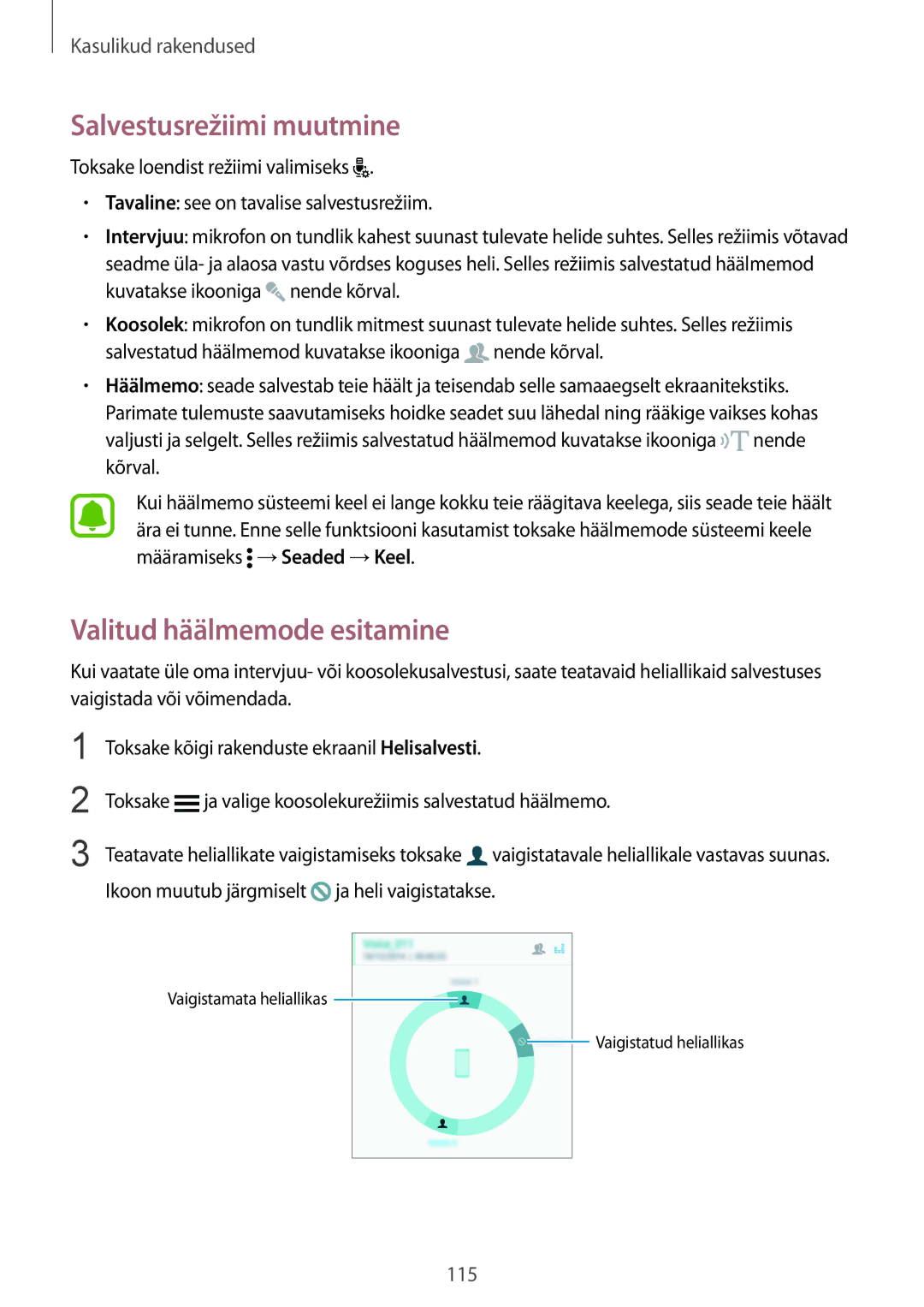 Samsung SM-N910FZKEBAL, SM-N910FZWEBAL, SM-N910FZIEBAL manual Salvestusrežiimi muutmine, Valitud häälmemode esitamine 