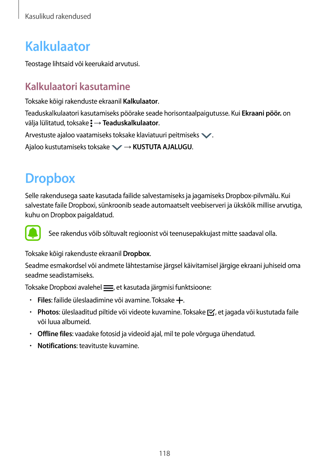 Samsung SM-N910CZWESEB, SM-N910FZWEBAL manual Dropbox, Kalkulaatori kasutamine, Teostage lihtsaid või keerukaid arvutusi 