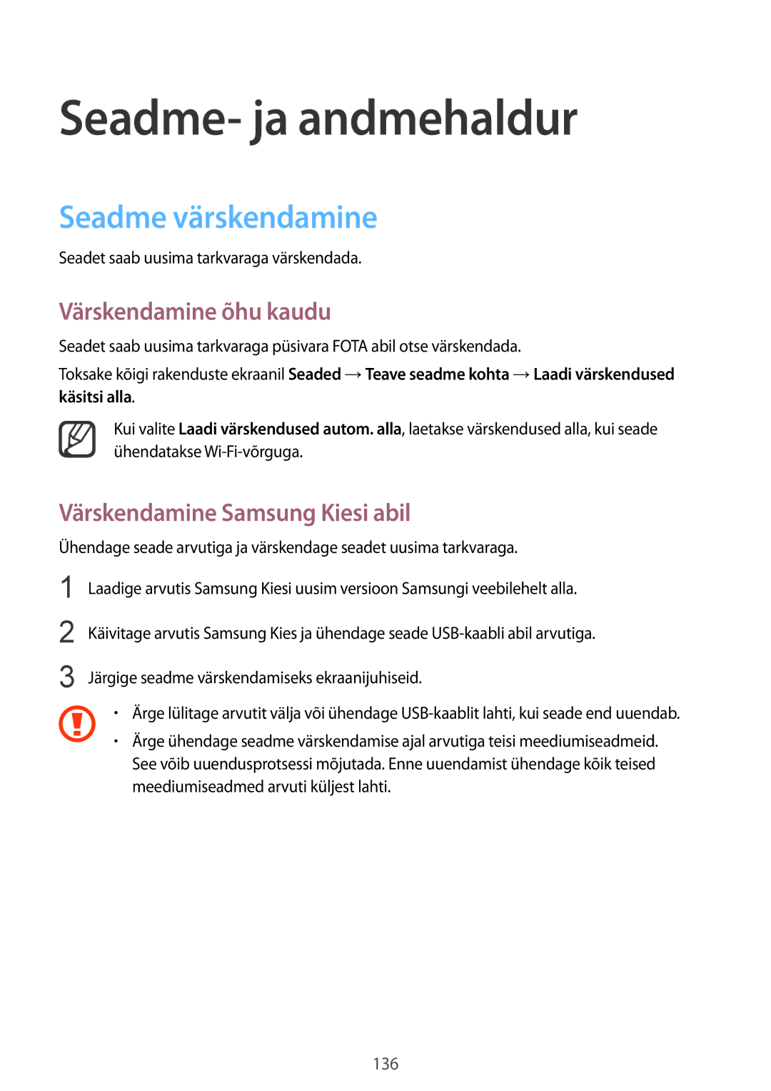 Samsung SM-N910FZKEBAL, SM-N910FZWEBAL manual Seadme- ja andmehaldur, Seadme värskendamine, Värskendamine õhu kaudu 