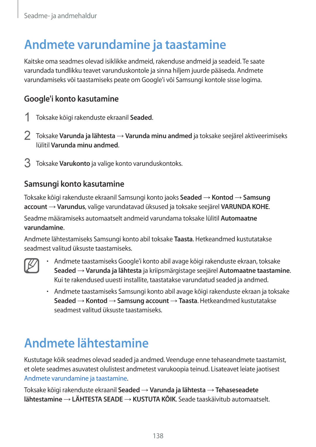 Samsung SM-N910CZDESEB, SM-N910FZWEBAL Andmete varundamine ja taastamine, Andmete lähtestamine, Googlei konto kasutamine 