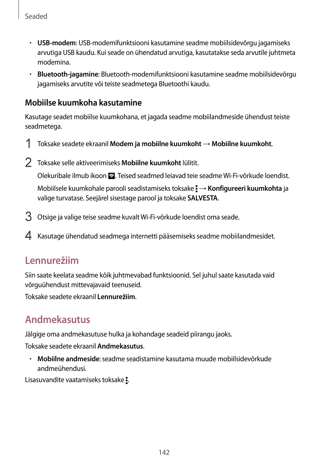 Samsung SM-N910FZDEBAL, SM-N910FZWEBAL, SM-N910FZIEBAL manual Lennurežiim, Andmekasutus, Mobiilse kuumkoha kasutamine 