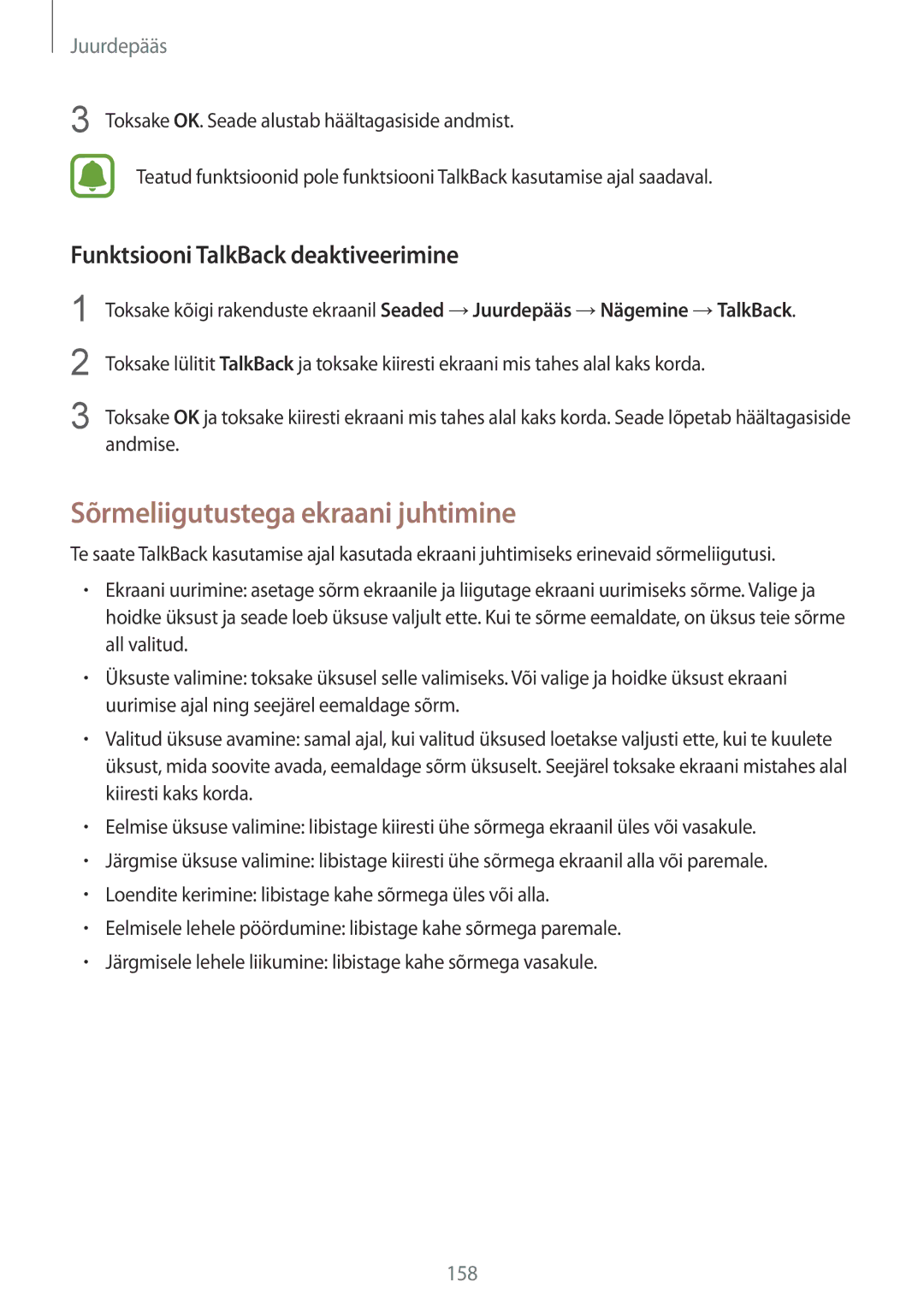 Samsung SM-N910CZKESEB, SM-N910FZWEBAL manual Sõrmeliigutustega ekraani juhtimine, Funktsiooni TalkBack deaktiveerimine 