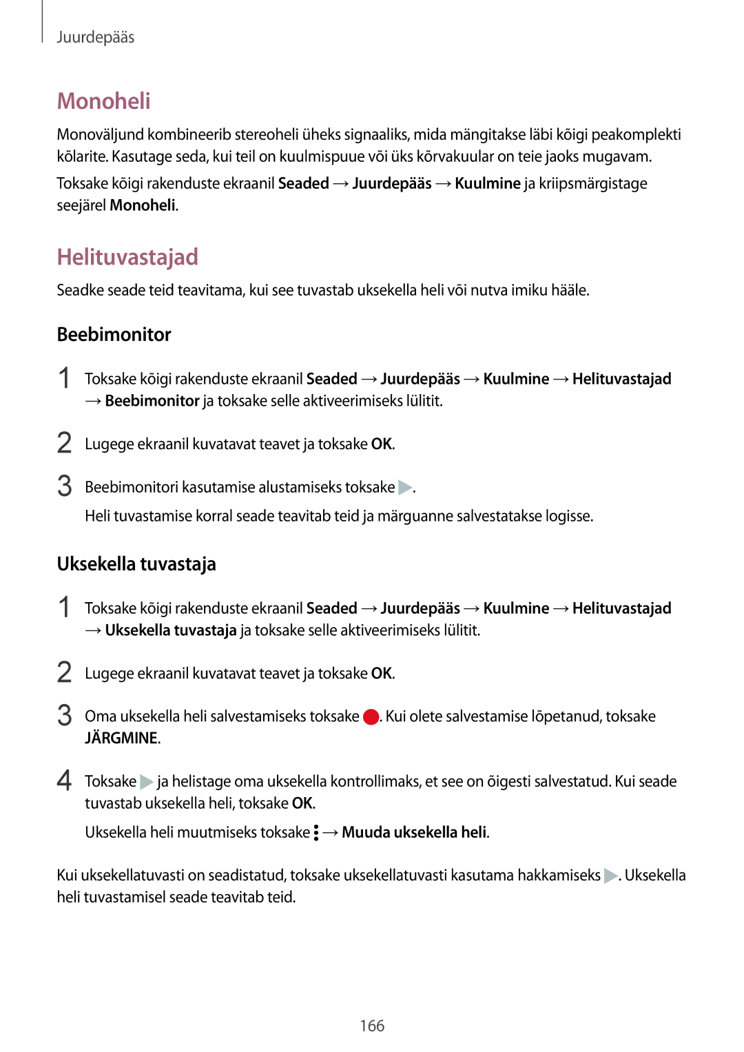 Samsung SM-N910CZDESEB, SM-N910FZWEBAL, SM-N910FZIEBAL manual Monoheli, Helituvastajad, Beebimonitor, Uksekella tuvastaja 