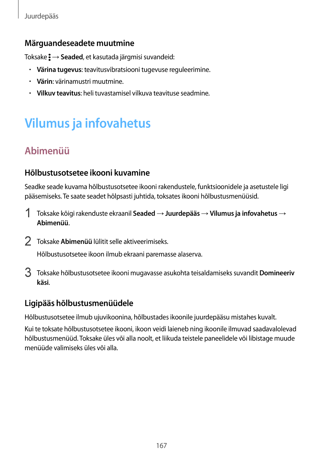 Samsung SM-N910CZWESEB manual Vilumus ja infovahetus, Abimenüü, Märguandeseadete muutmine, Hõlbustusotsetee ikooni kuvamine 