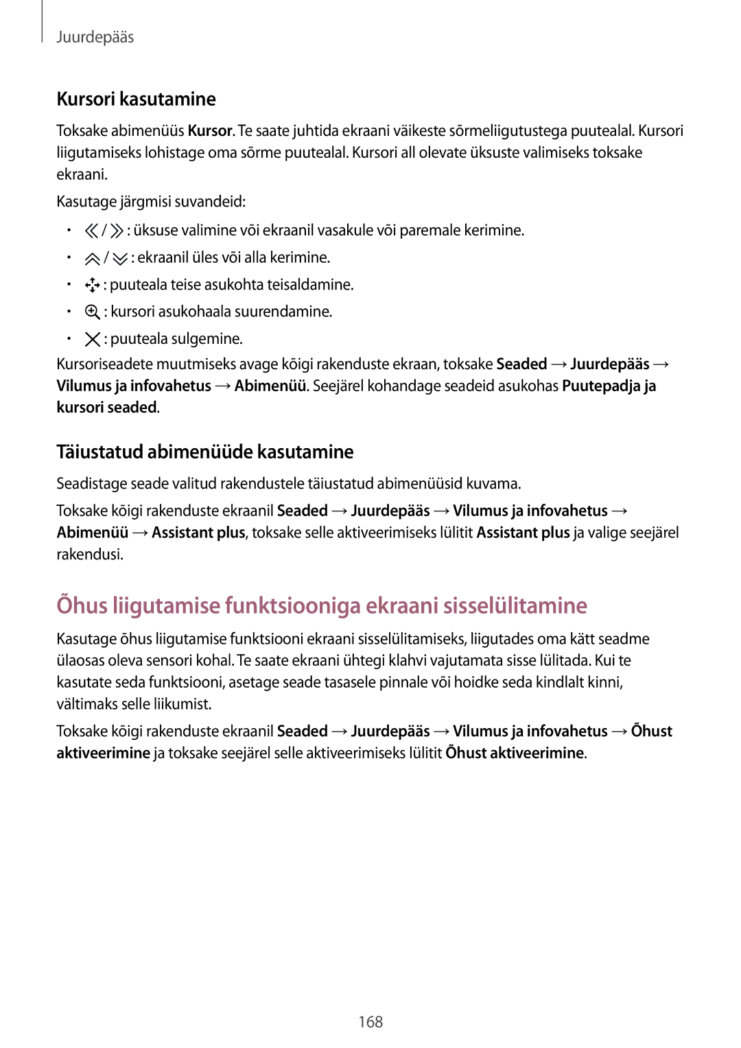 Samsung SM-N910FZWEBAL, SM-N910FZIEBAL manual Õhus liigutamise funktsiooniga ekraani sisselülitamine, Kursori kasutamine 