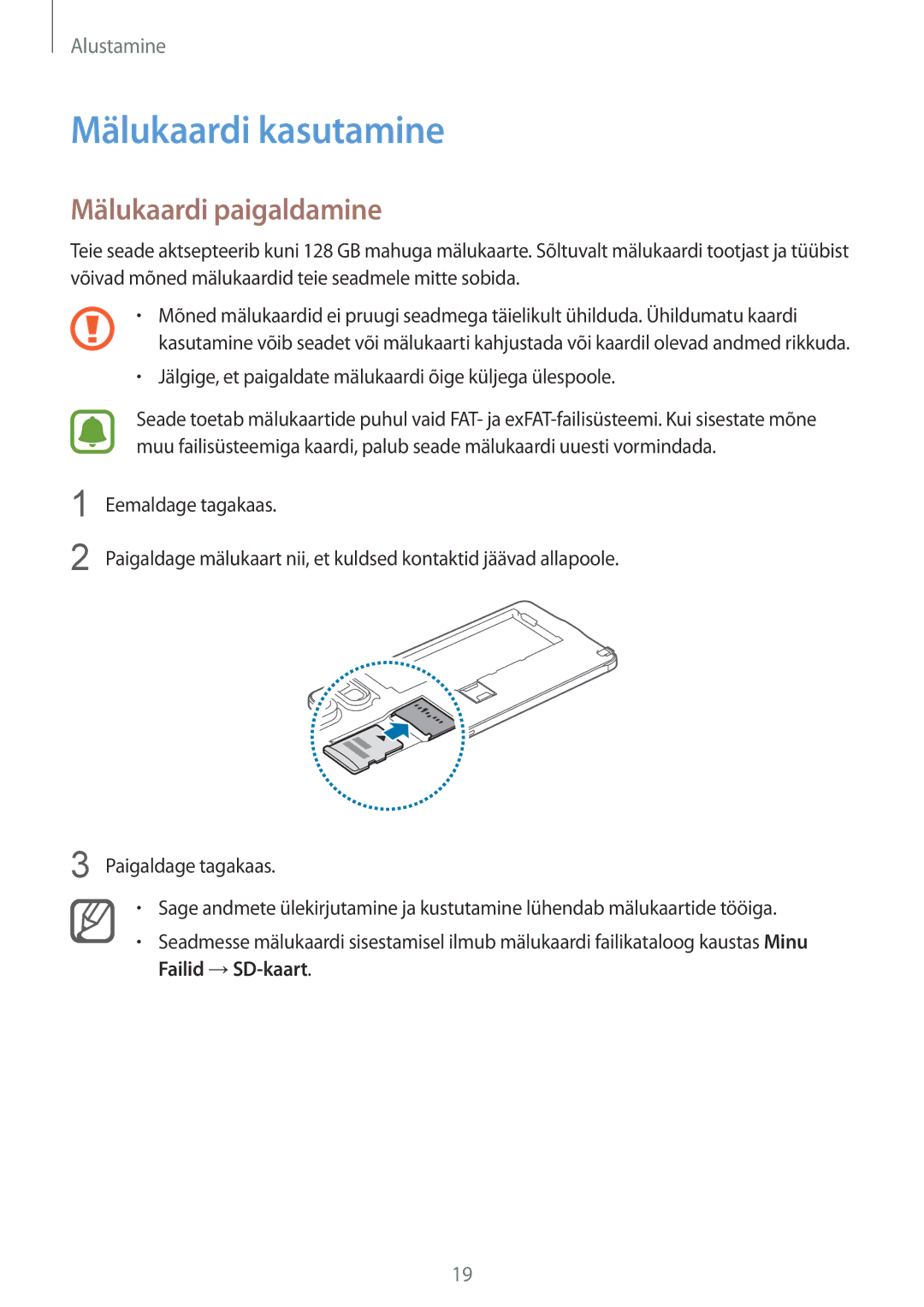 Samsung SM-N910CZDESEB, SM-N910FZWEBAL, SM-N910FZIEBAL, SM-N910FZDEBAL manual Mälukaardi kasutamine, Mälukaardi paigaldamine 