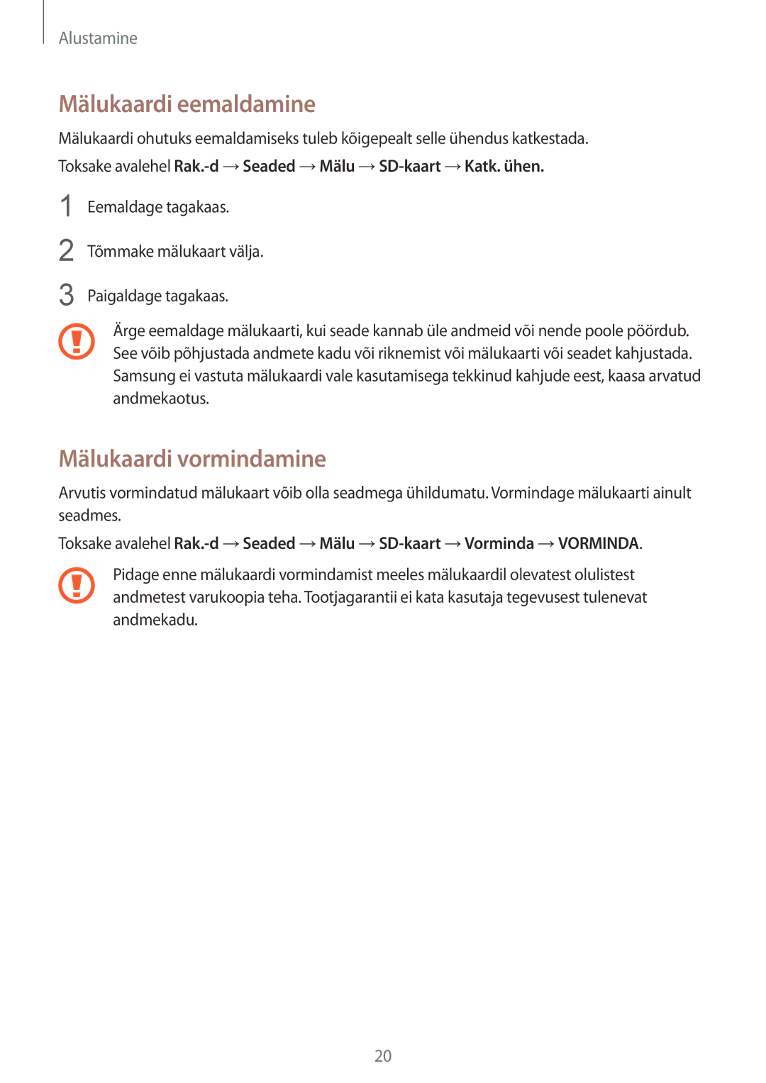 Samsung SM-N910CZWESEB, SM-N910FZWEBAL, SM-N910FZIEBAL, SM-N910FZDEBAL manual Mälukaardi eemaldamine, Mälukaardi vormindamine 