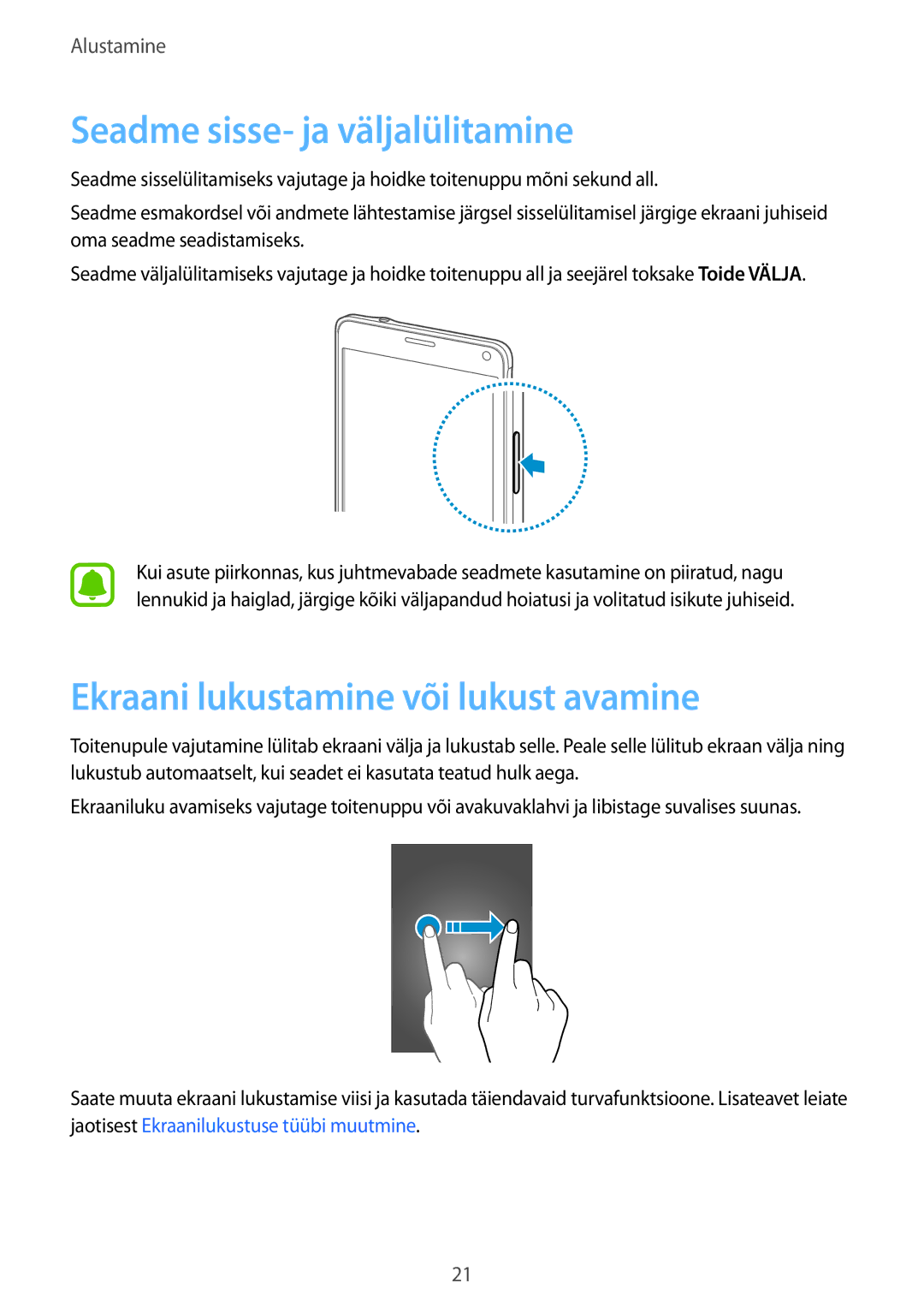 Samsung SM-N910FZWEBAL, SM-N910FZIEBAL manual Seadme sisse- ja väljalülitamine, Ekraani lukustamine või lukust avamine 