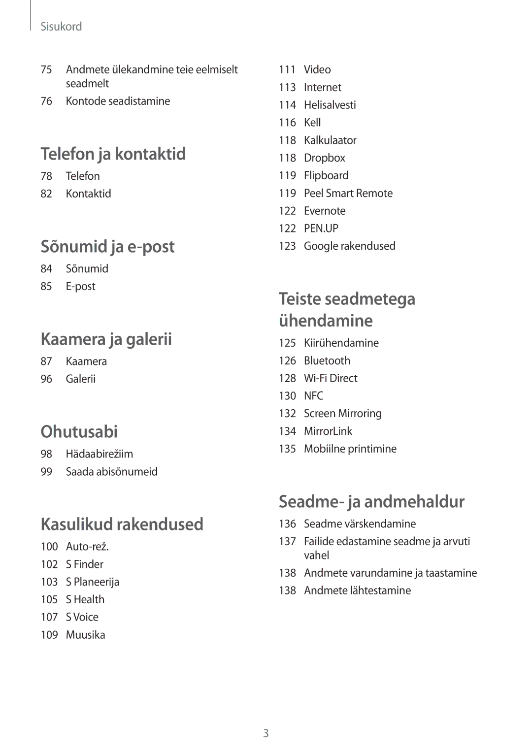 Samsung SM-N910FZKEBAL manual Telefon Kontaktid, 84 Sõnumid Post, Kaamera Galerii, 98 Hädaabirežiim Saada abisõnumeid 