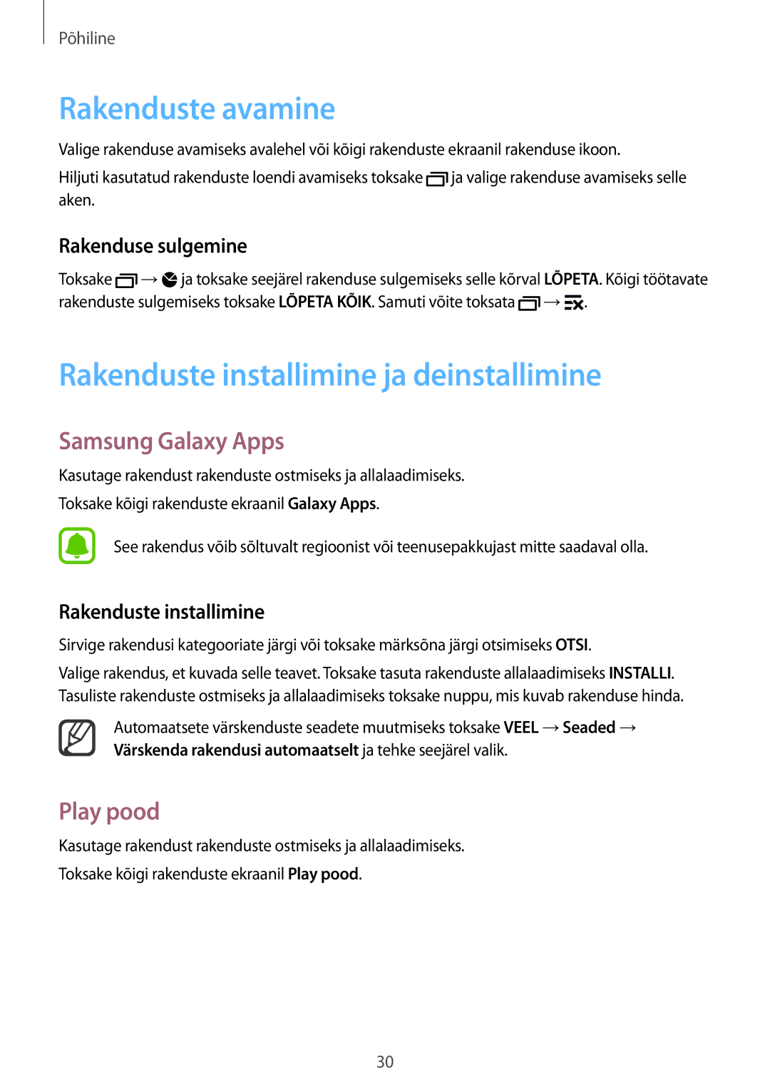 Samsung SM-N910FZDEBAL manual Rakenduste avamine, Rakenduste installimine ja deinstallimine, Samsung Galaxy Apps, Play pood 