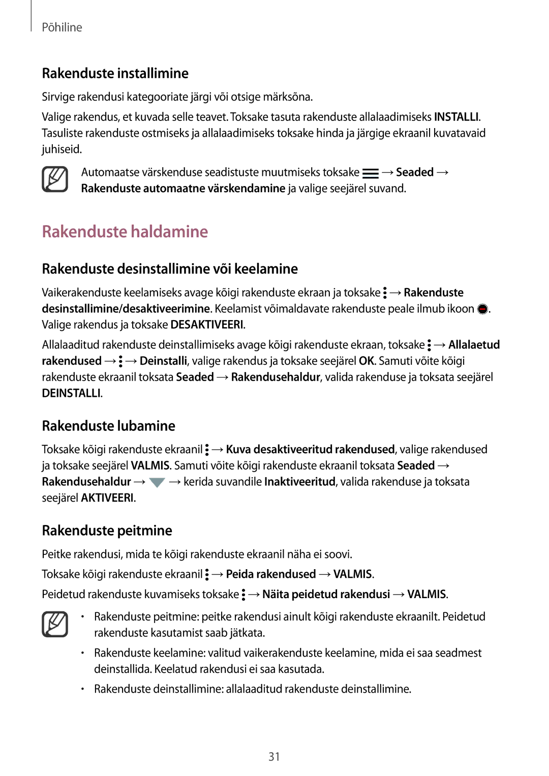 Samsung SM-N910FZKEBAL, SM-N910FZWEBAL Rakenduste haldamine, Rakenduste desinstallimine või keelamine, Rakenduste lubamine 