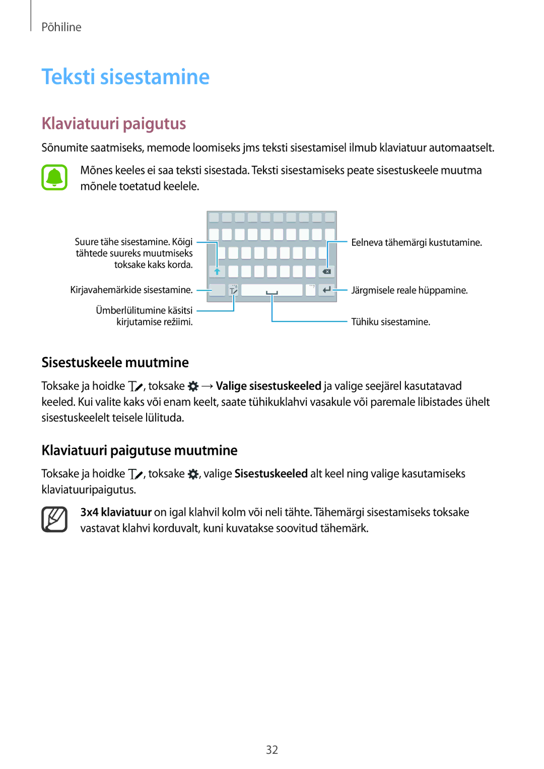 Samsung SM-N910CZKESEB, SM-N910FZWEBAL manual Teksti sisestamine, Sisestuskeele muutmine, Klaviatuuri paigutuse muutmine 