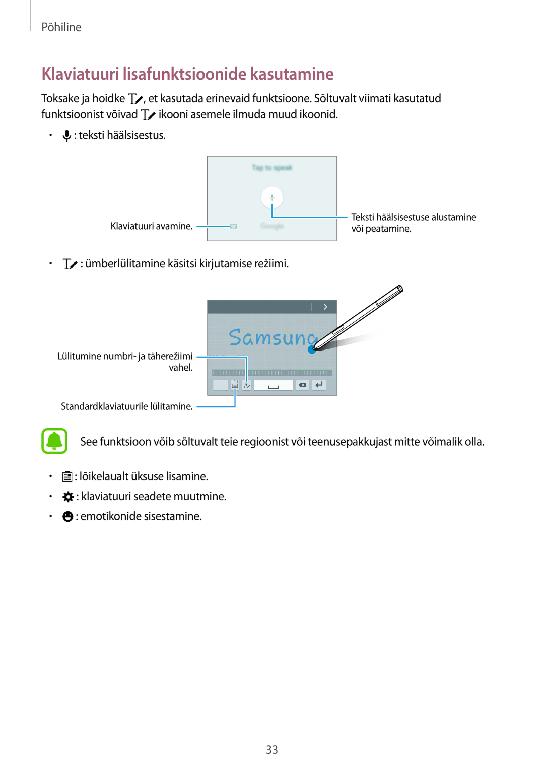 Samsung SM-N910CZDESEB manual Klaviatuuri lisafunktsioonide kasutamine, Ümberlülitamine käsitsi kirjutamise režiimi 