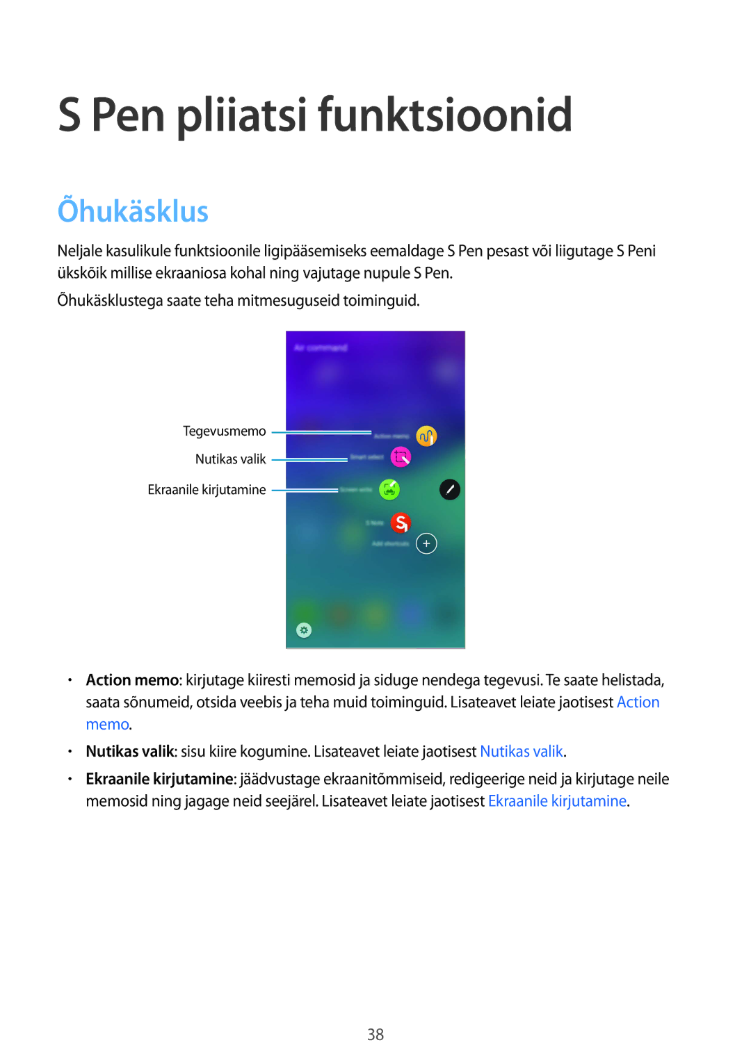 Samsung SM-N910FZKEBAL, SM-N910FZWEBAL, SM-N910FZIEBAL, SM-N910FZDEBAL, SM-N910CZKESEB Pen pliiatsi funktsioonid, Õhukäsklus 