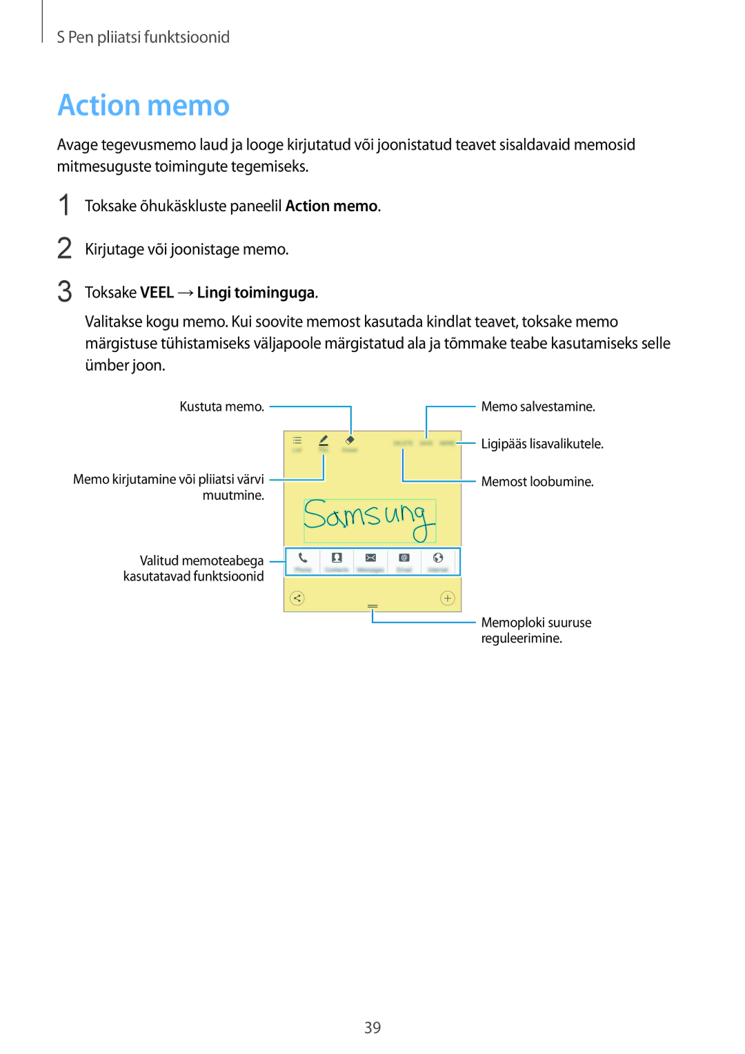 Samsung SM-N910CZKESEB, SM-N910FZWEBAL, SM-N910FZIEBAL, SM-N910FZDEBAL manual Action memo, Toksake Veel →Lingi toiminguga 