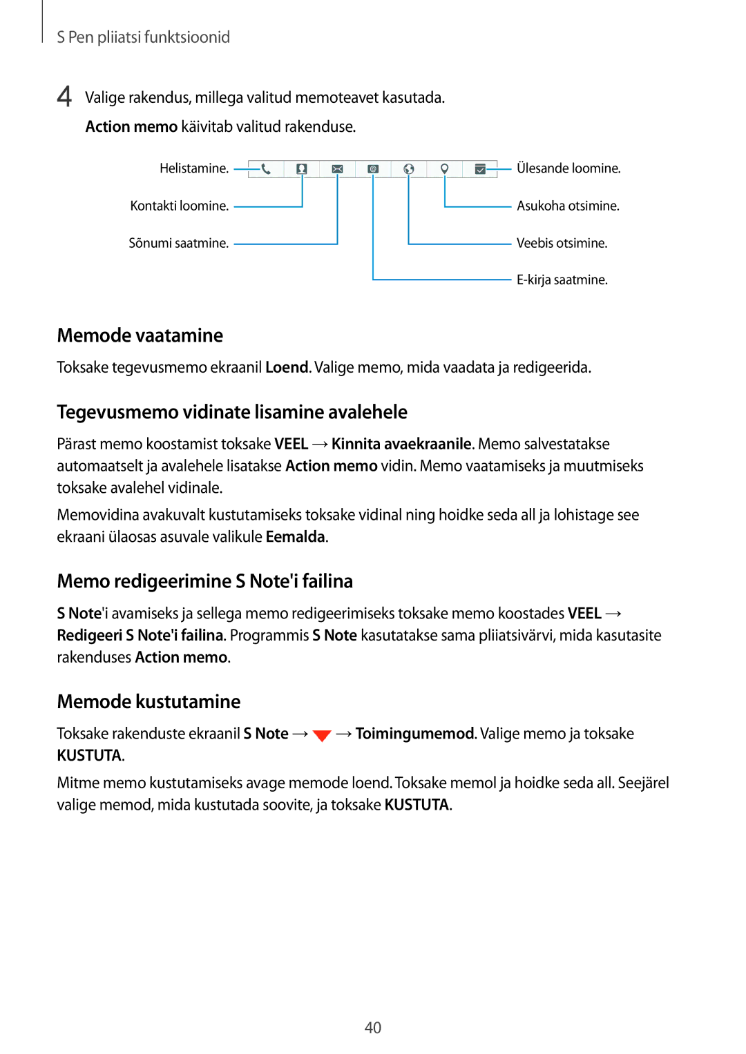 Samsung SM-N910CZDESEB, SM-N910FZWEBAL, SM-N910FZIEBAL manual Memode vaatamine, Tegevusmemo vidinate lisamine avalehele 