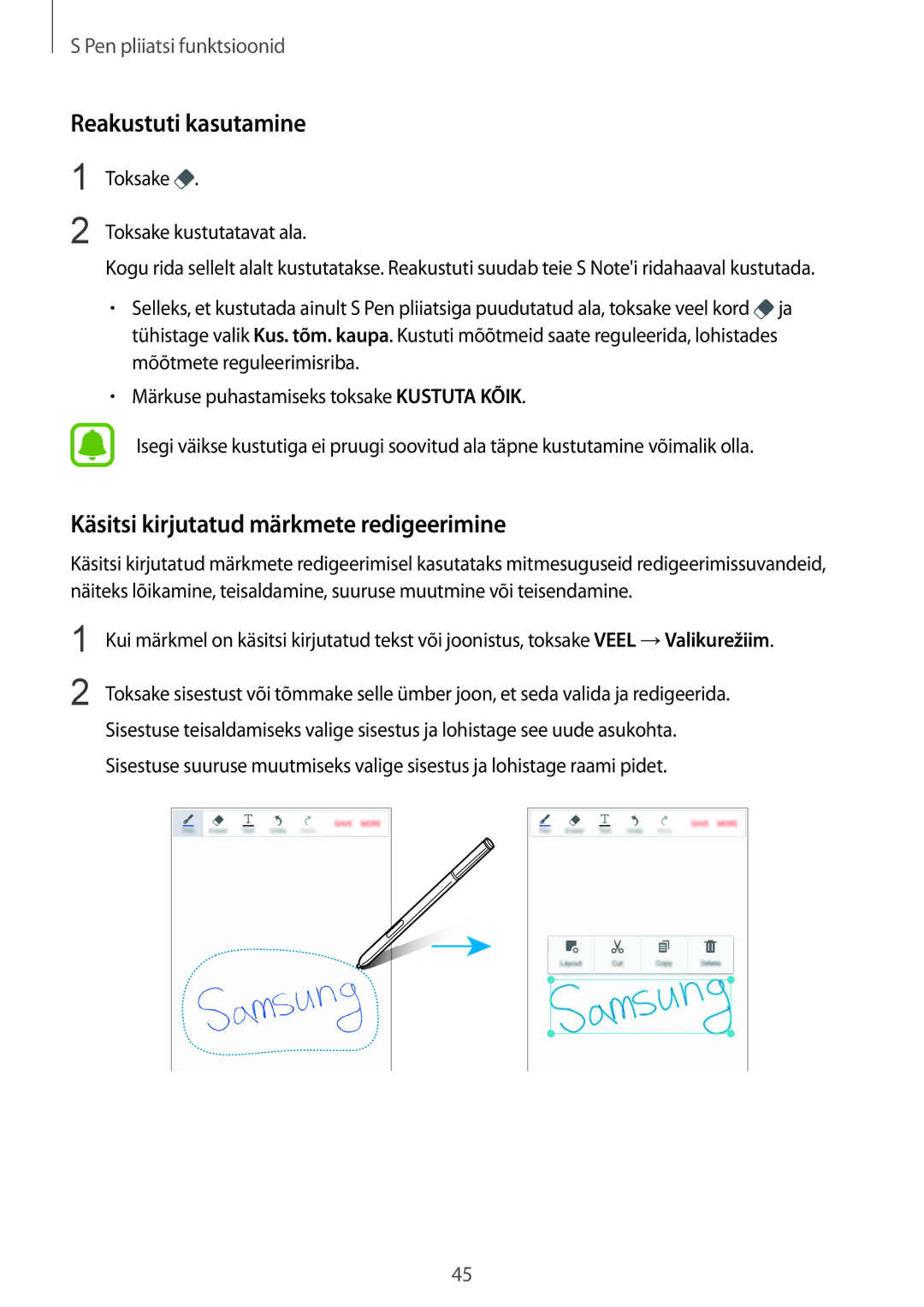 Samsung SM-N910FZKEBAL Reakustuti kasutamine, Käsitsi kirjutatud märkmete redigeerimine, Toksake Toksake kustutatavat ala 