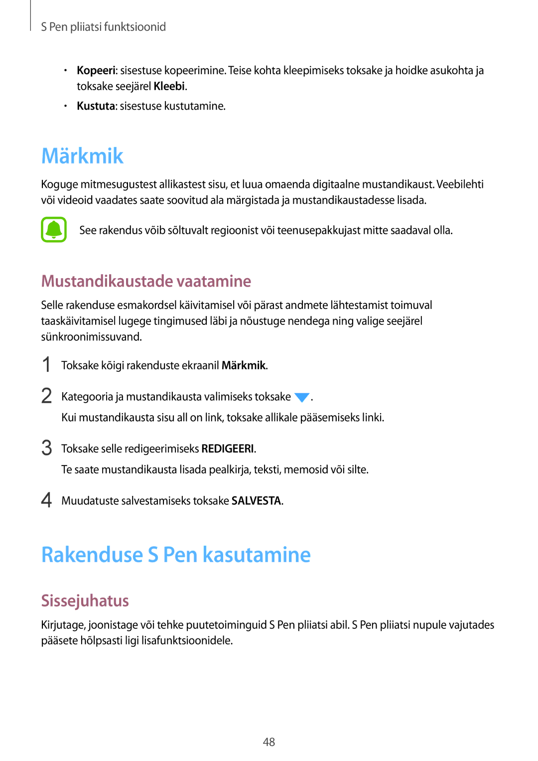 Samsung SM-N910CZWESEB, SM-N910FZWEBAL, SM-N910FZIEBAL manual Märkmik, Rakenduse S Pen kasutamine, Mustandikaustade vaatamine 