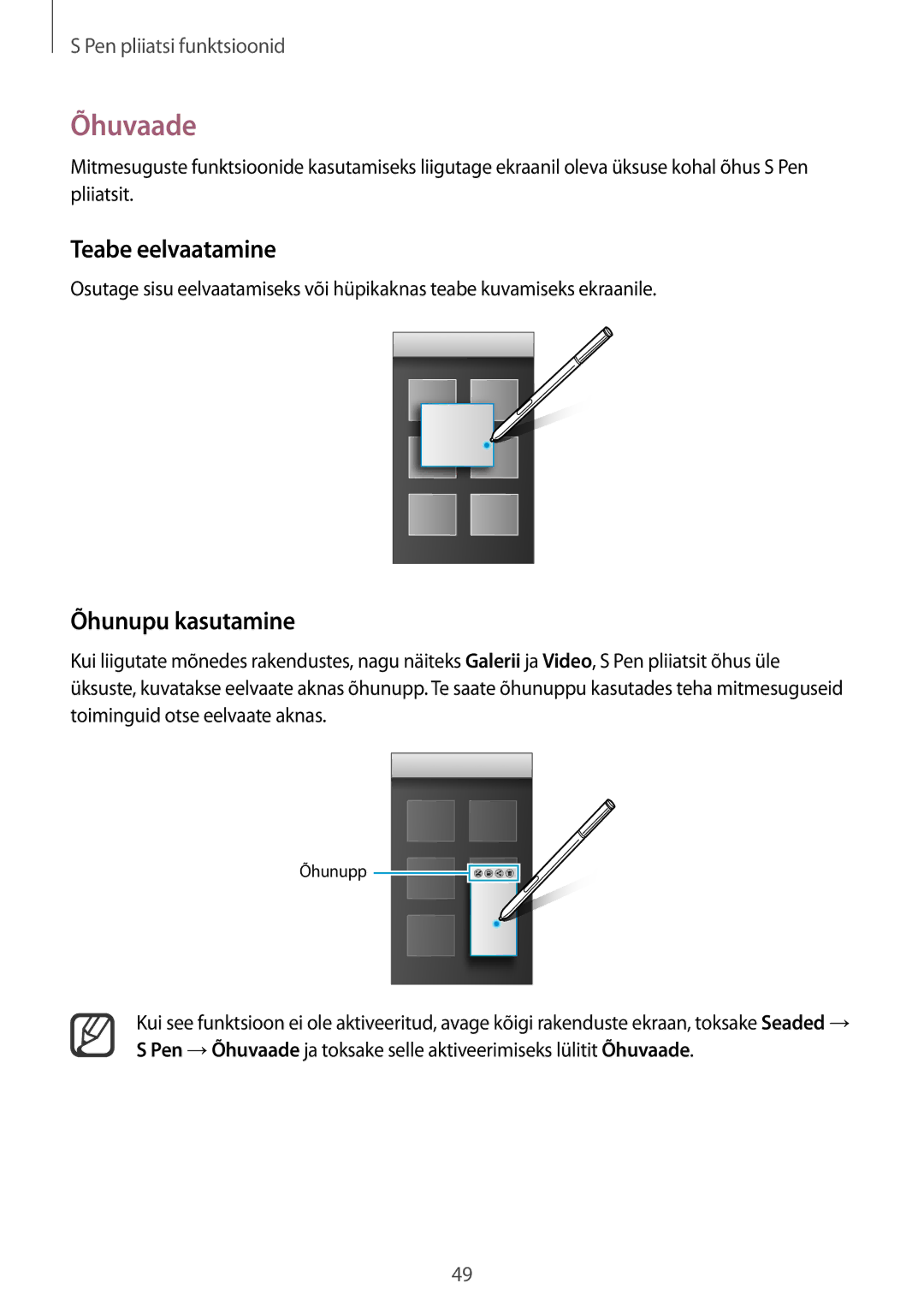 Samsung SM-N910FZWEBAL, SM-N910FZIEBAL, SM-N910FZDEBAL, SM-N910FZKEBAL manual Õhuvaade, Teabe eelvaatamine, Õhunupu kasutamine 