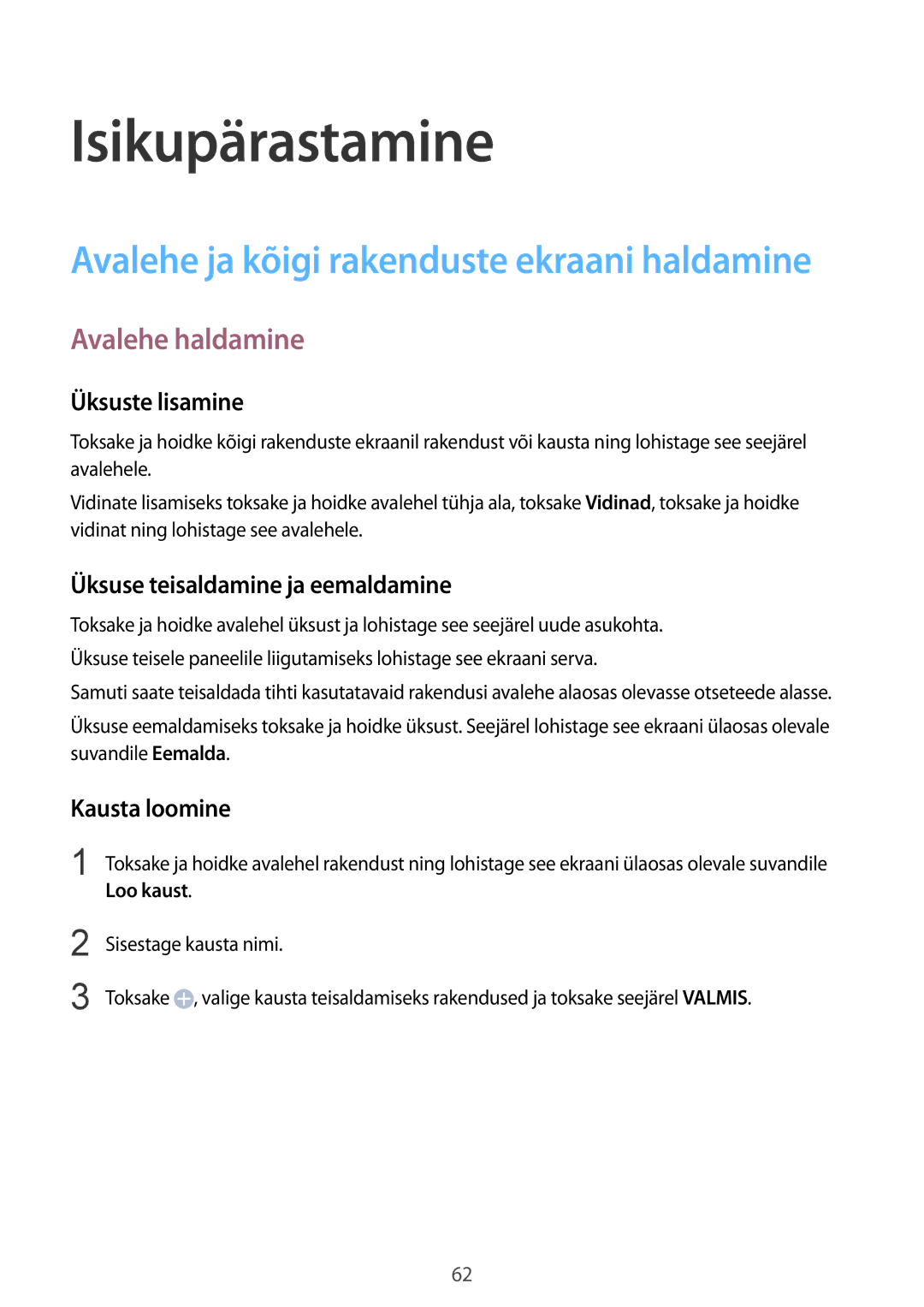 Samsung SM-N910CZWESEB manual Isikupärastamine, Avalehe haldamine, Üksuste lisamine, Üksuse teisaldamine ja eemaldamine 