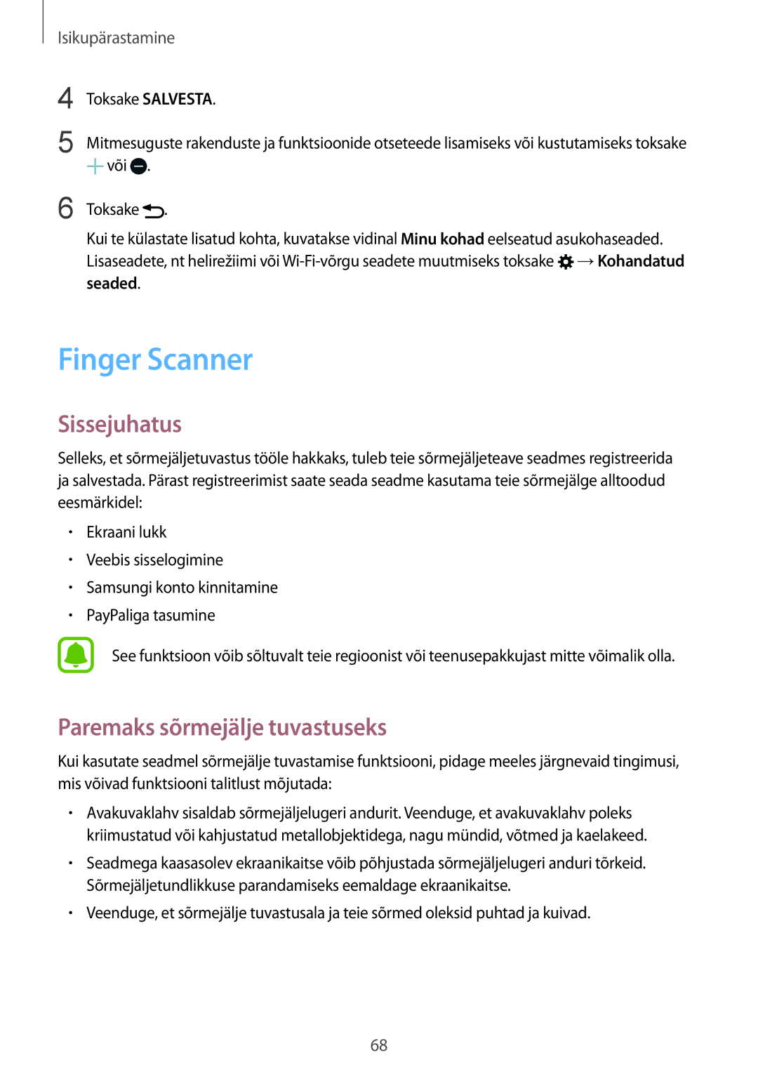 Samsung SM-N910CZDESEB, SM-N910FZWEBAL, SM-N910FZIEBAL manual Finger Scanner, Paremaks sõrmejälje tuvastuseks, Seaded 