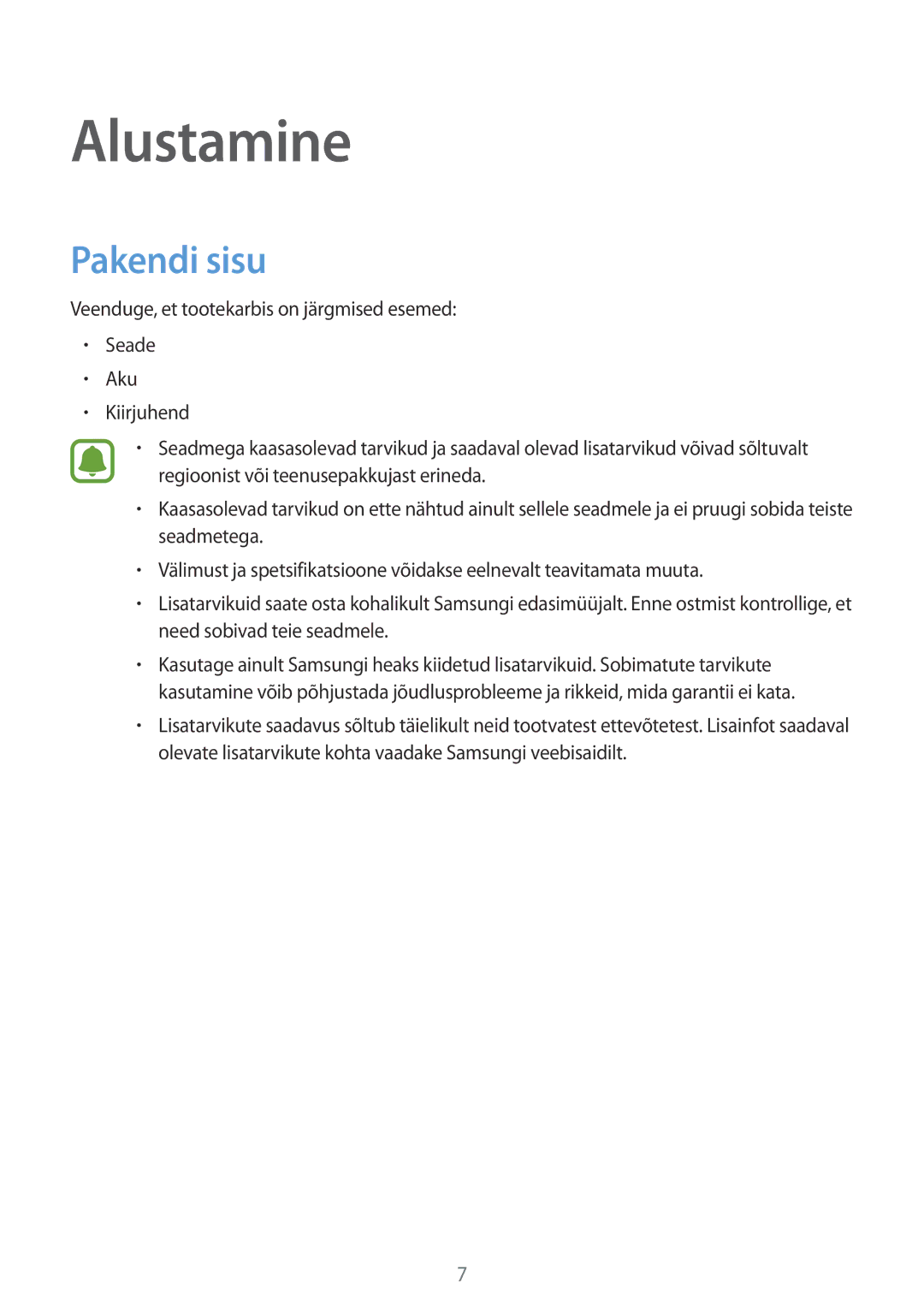 Samsung SM-N910FZWEBAL, SM-N910FZIEBAL, SM-N910FZDEBAL, SM-N910FZKEBAL, SM-N910CZKESEB manual Alustamine, Pakendi sisu 