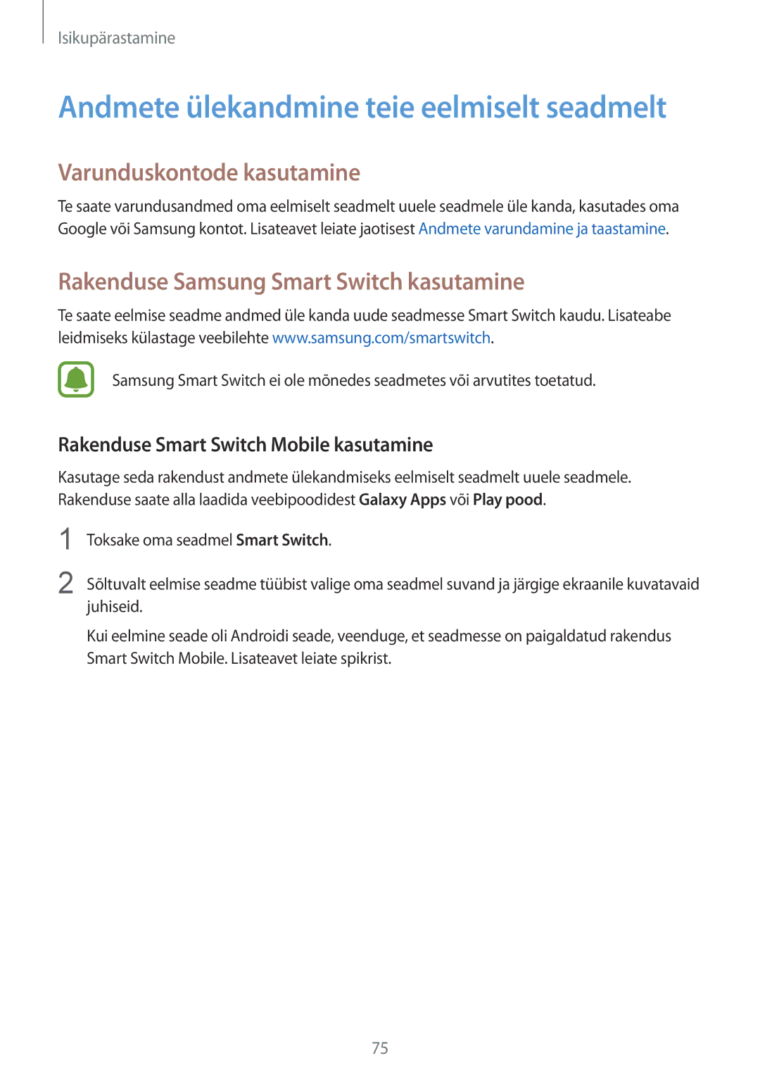 Samsung SM-N910CZDESEB, SM-N910FZWEBAL manual Varunduskontode kasutamine, Rakenduse Samsung Smart Switch kasutamine 